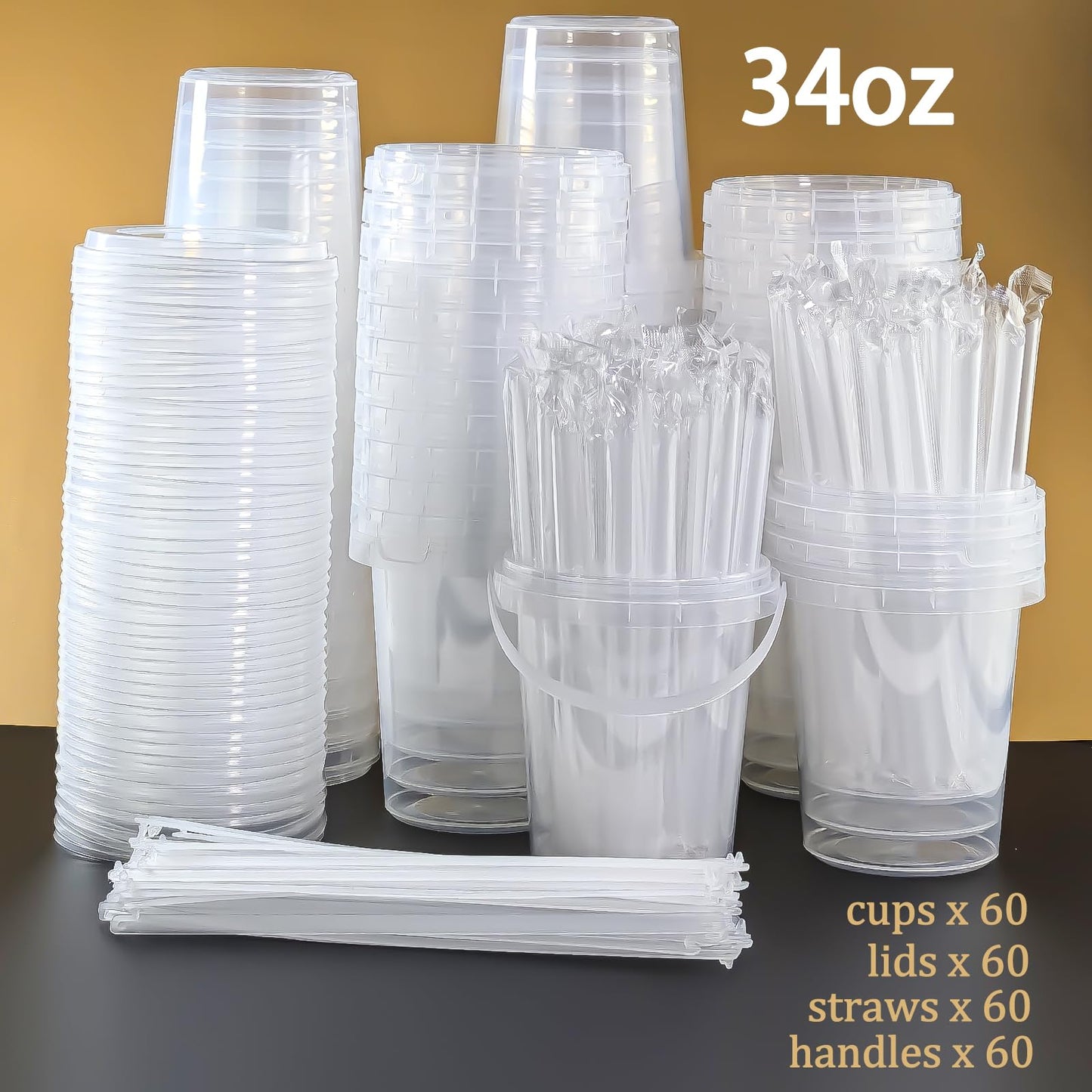Qsqwsuye Set of 60 Large Plastic Cups with Lids and Straws 34oz Disposable Coffee Cups Clear Cups for Drinks Packs and Takebacks