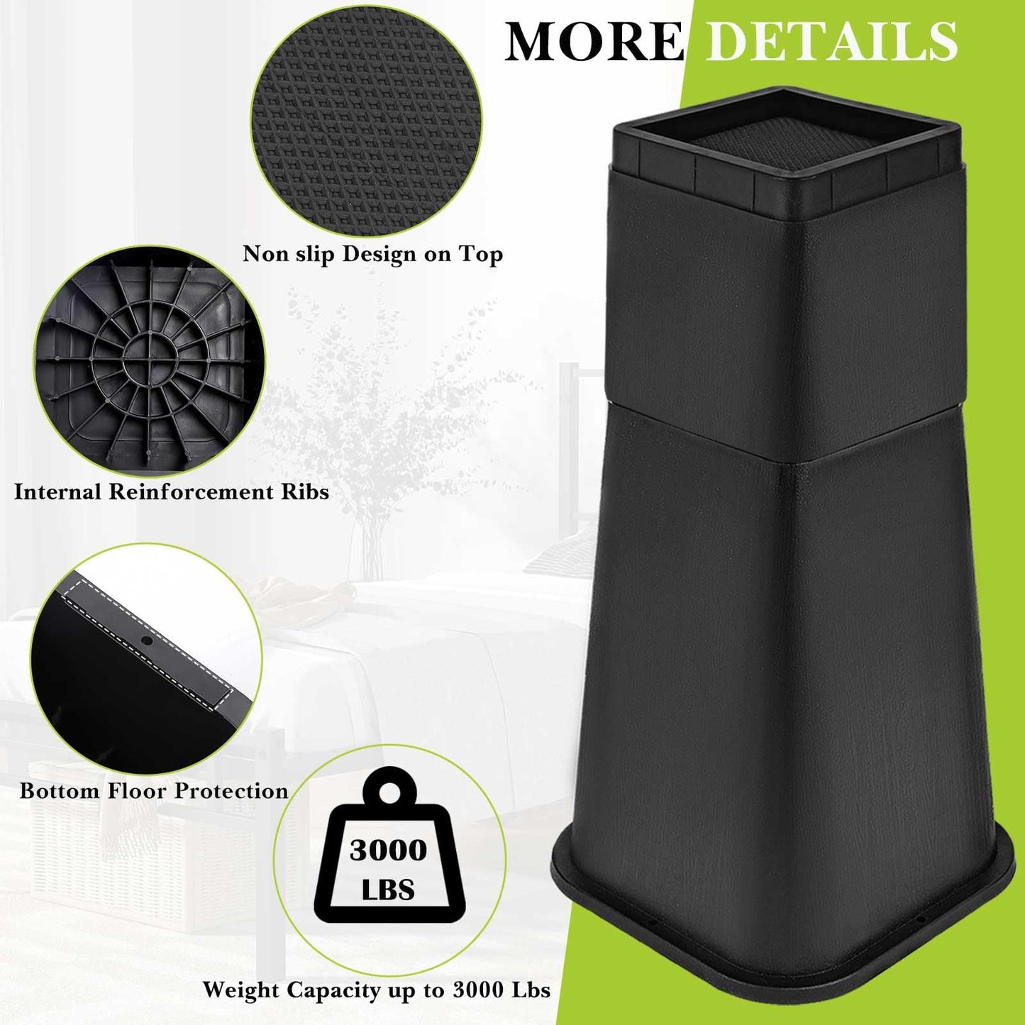 Yookwutar 4 Pack Bed Risers 12 inch Heavy Duty, Adjustable Furniture Risers Lift Height 12",8" or 4" for Table Desk Couch Sofa Cabinet Bed Frame Dorm, Square Stackable Table Leg Risers, Black