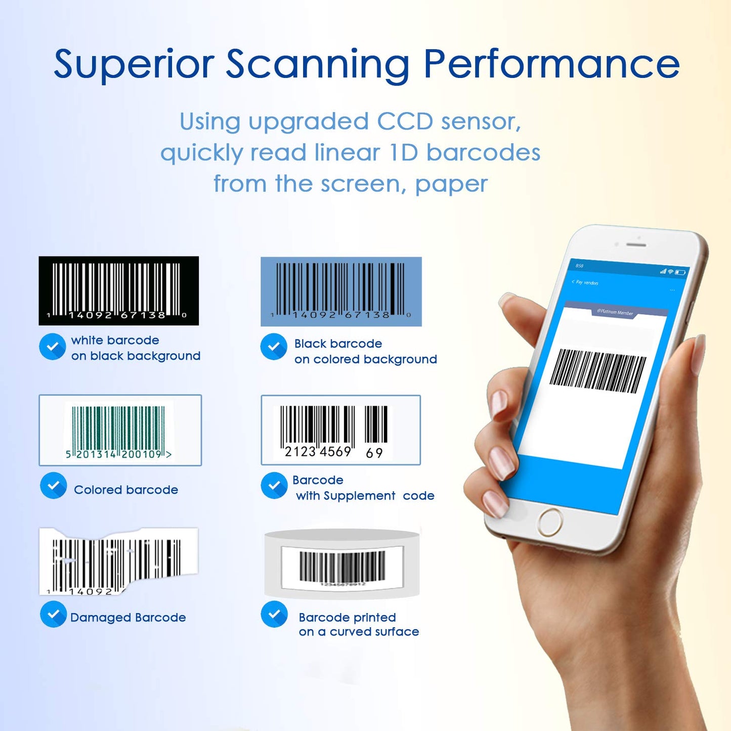 NADAMOO Wireless Barcode Scanner Compatible with Bluetooth Function, 2.4G Wireless & Wired 3-in-1 Bar Code Scanner Portable USB CCD Reader, Work with iPhone iPad Android Windows Mac OS-Dark Blue