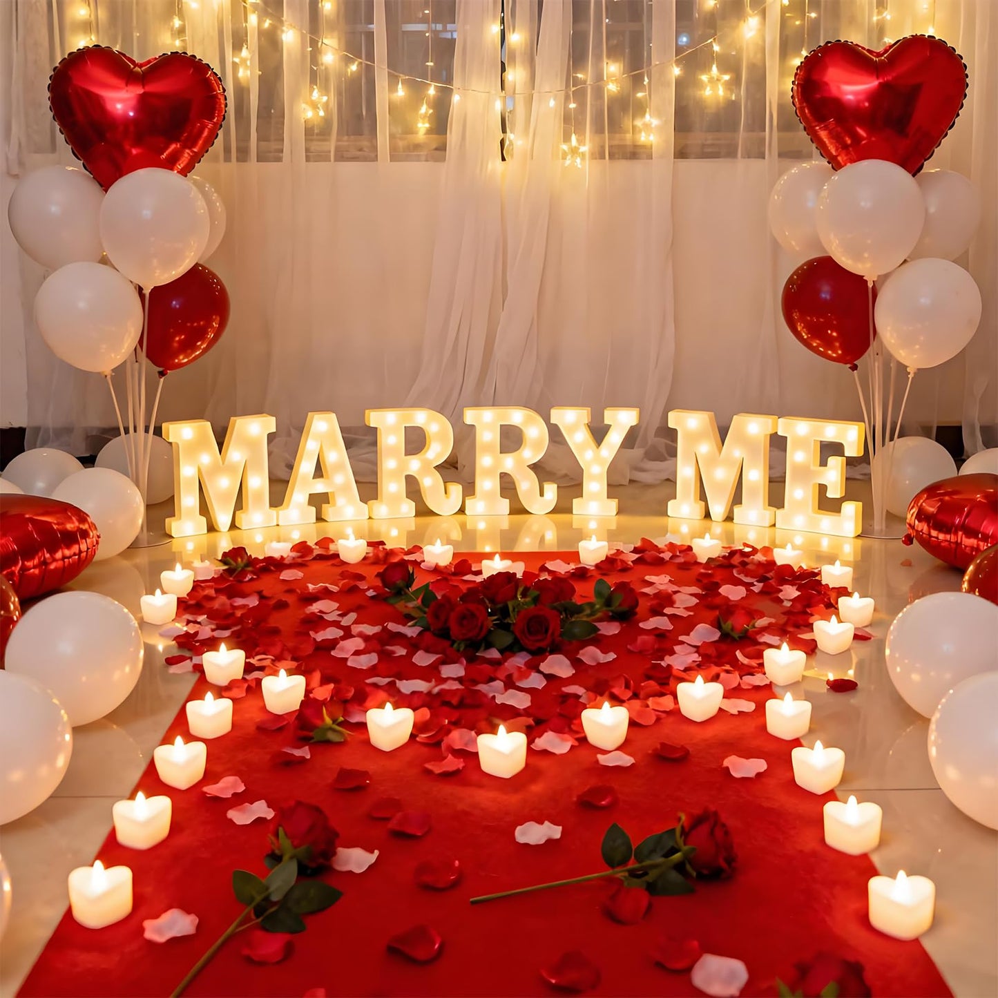 Marry Me Light Up Letters, with 30 Tea Lights Candles, Rose Petals, Aluminum Balloons, Balloons, Red Carpet, Rose Ring Box, Double Sided Tape, Valentine's Day Proposal Engagement Wedding Decorations