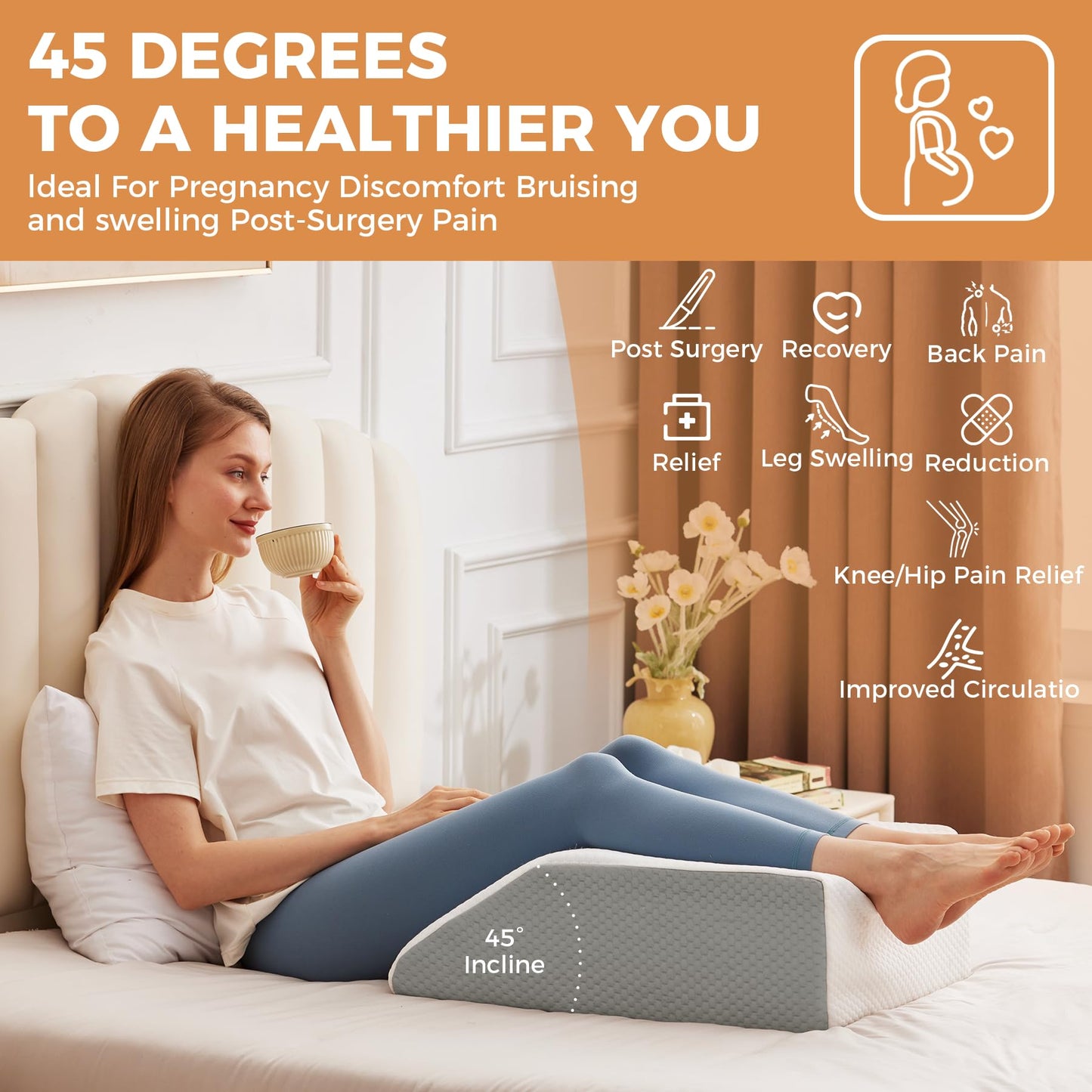 BIEEZZK Leg Pillow Elevation Blood Circulation, Leg Elevating Pillows for After Surgery, Sleeping, Memory Foam Wedge Pillow for Legs Swelling, Foot Knee Pillow for Back Pain, 23.6×16.8×8in, White/Grey