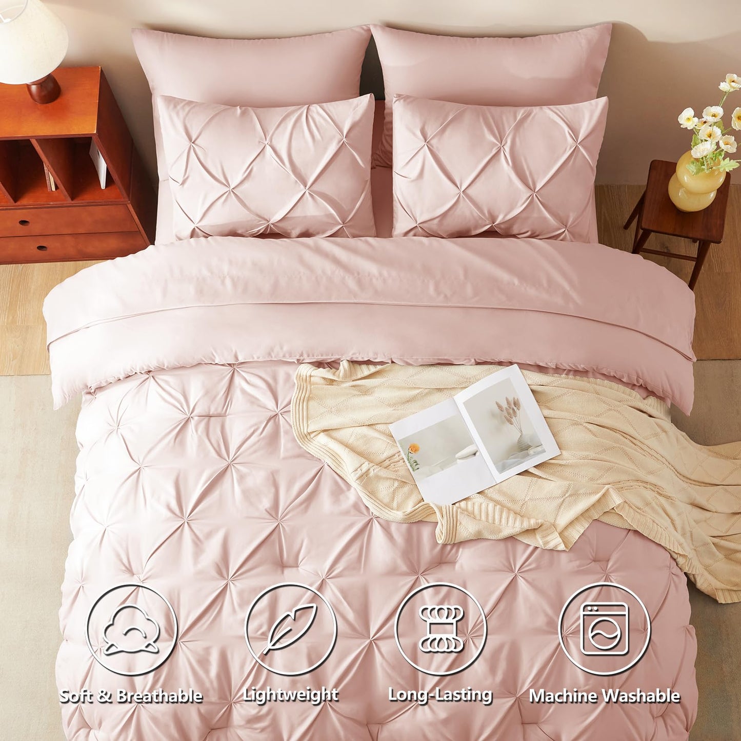 CozyLux Twin Comforter Set with Sheets Peach Pink, 5 Pieces Pintuck Bed in A Bag, All Season Bed Set Gift for Girls and Boys, Pinch Pleat Bedding Set with Comforter, Sheets, Pillowcase & Sham