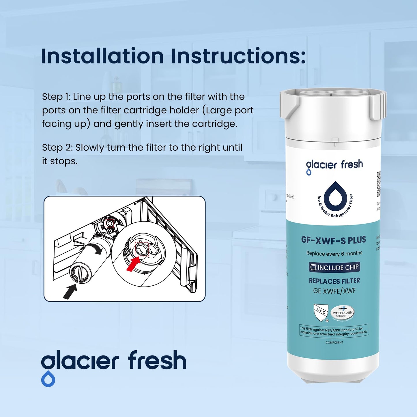 GLACIER FRESH Water Filter Compatible with XWFE (Built-in CHIP), Replacement for GE XWFE, XWF Refrigerator Water Filter NSF/ANSI 53 Certification Pack of 1