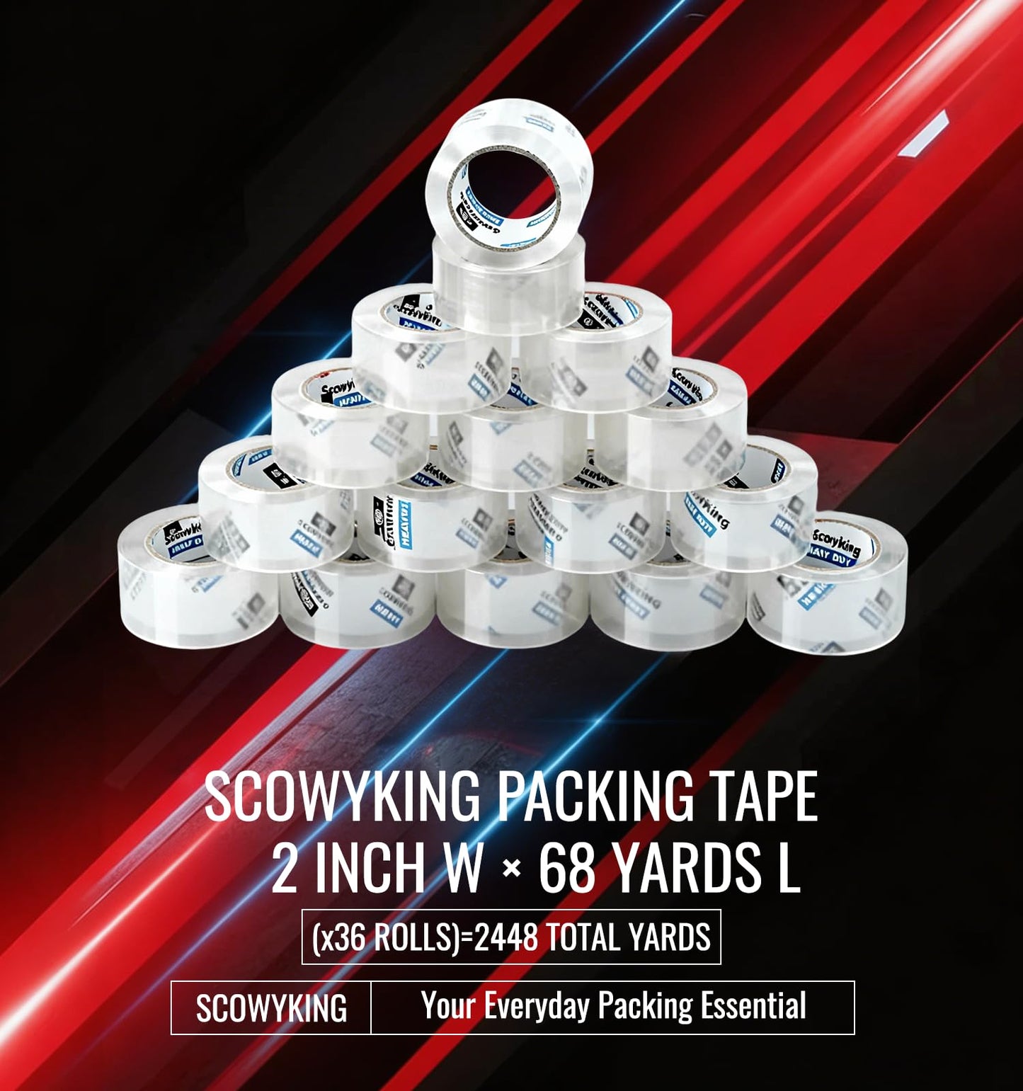 Scowyking Heavy Duty Packing Tape 36 Rolls, Total 2448Y, Clear, 2.7 mil, 2 inch x 68 Yards,Ultra Strong,Packaging Tape Refills for Shipping Moving Sealing Bulk
