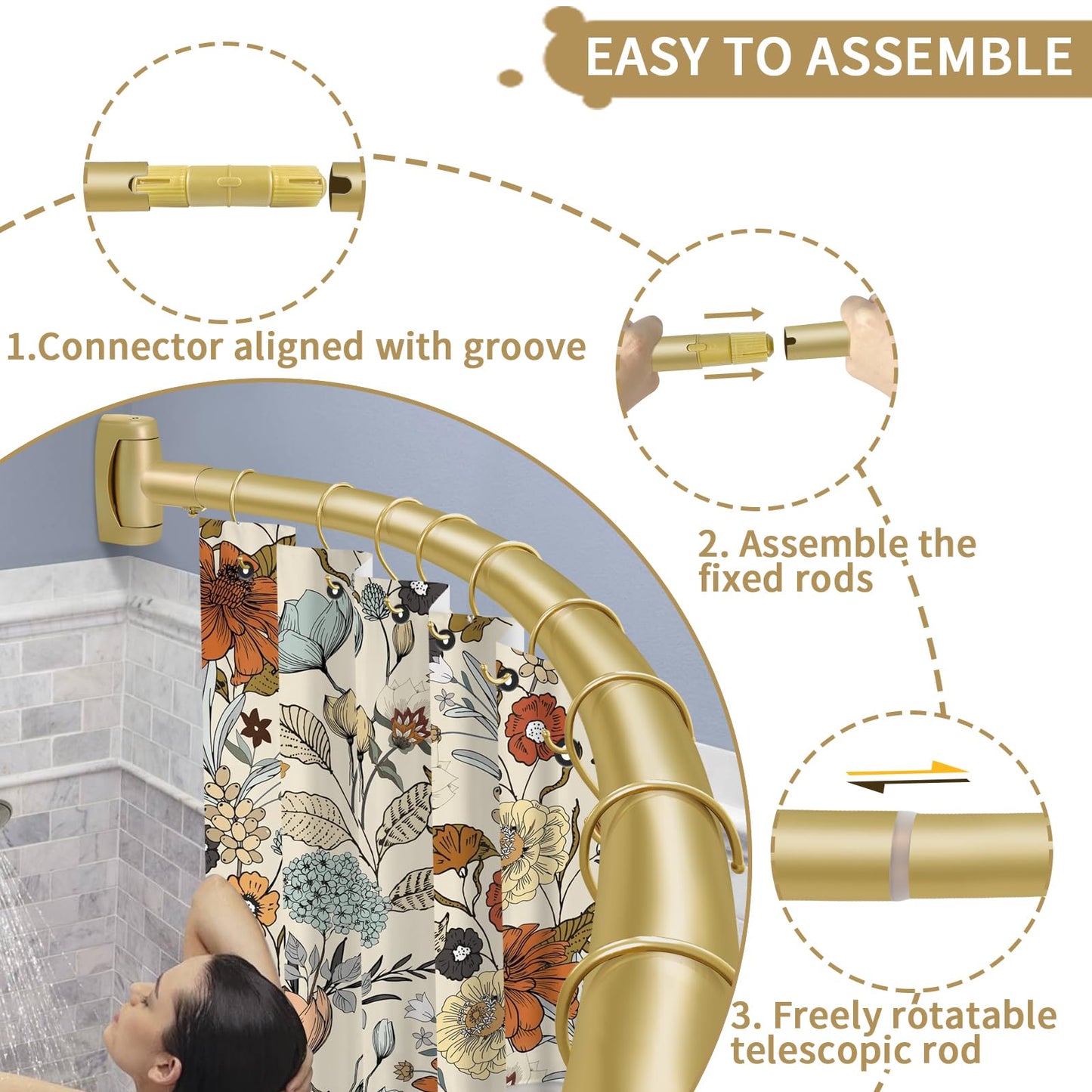 YNL Curved Shower Curtain Rod 35-82In(2.9-6.8Ft), Gold Round Rustproof Shower Rod for Bathroom Bathtub, Adjustable Arched Shower Curtain Rod, Never Rust|Extra Space|Non-Slip|Expandable|Need to Drill.