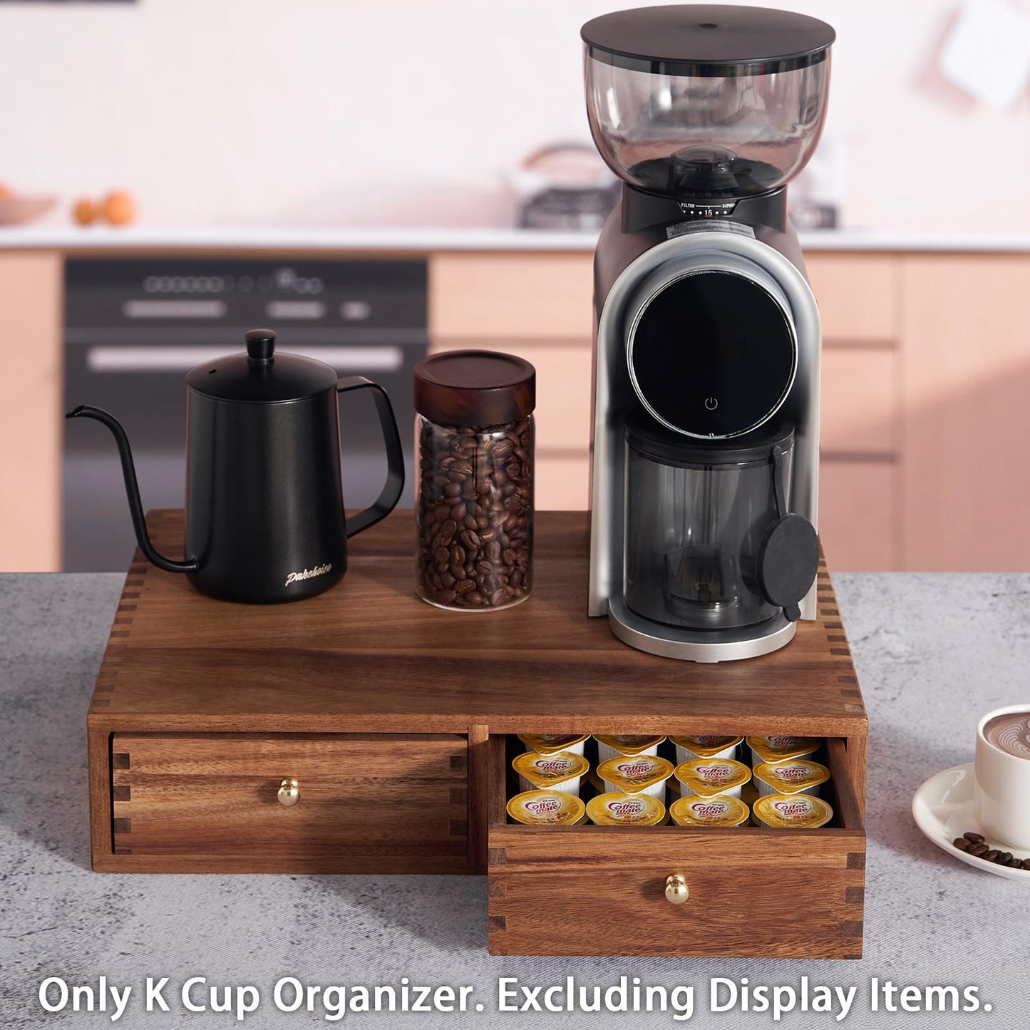 SARUFO Acacia Wood K Cup Organizer Drawer, Coffee Pod and Tea Storage Box with Non-Slip Pad, 30 Pod Capacity Under Brewer, Countertop Coffee Station Holder for Machine Stand