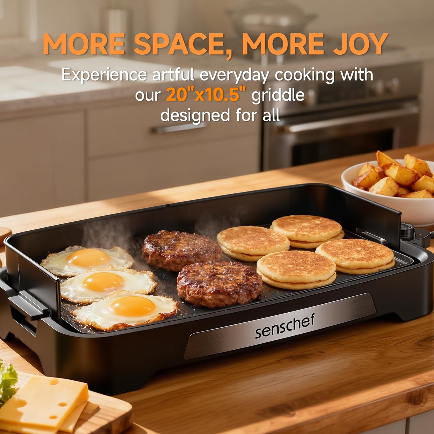 SENSCHEF Cleansnap Everyday Electric Griddle, 20” Nonstick Grill with Foldable Anti-Mess Shield, 1700W Fast Heating, ILAG Ultimate Coating, Dishwasher-Safe Removable Plate, Midnight Black