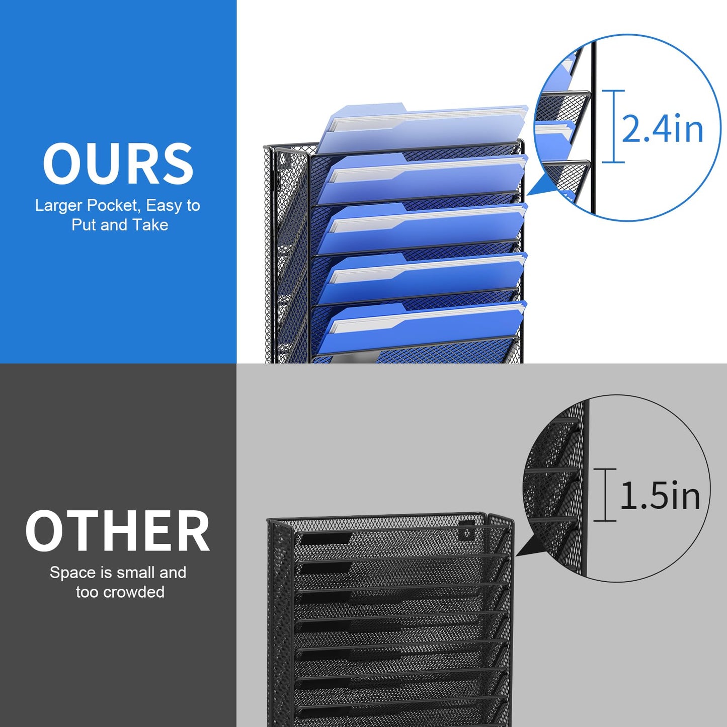 OUTWOLF Hanging Wall File Organizer with Hooks, 6 Tier Vertical Wall Mount File Holder, Paper Document Mail Organizer for Office, Pack of 2