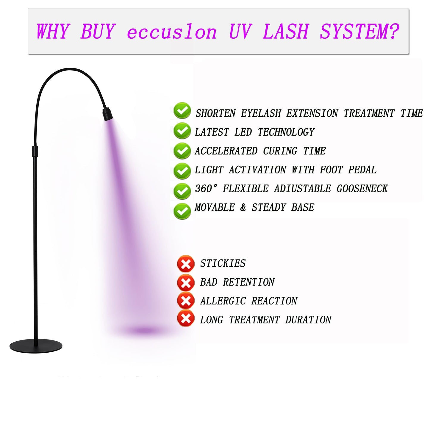 12W UV Lash Light with Foot Pedal, Rapid Dry in 2 Seconds Lash Lamp for Eyelash Extension Grafting Eyebrow Beauty Salon, Adjustable Angle and Light Spot Size, Lash Lamp for Eyelash Tech (White)