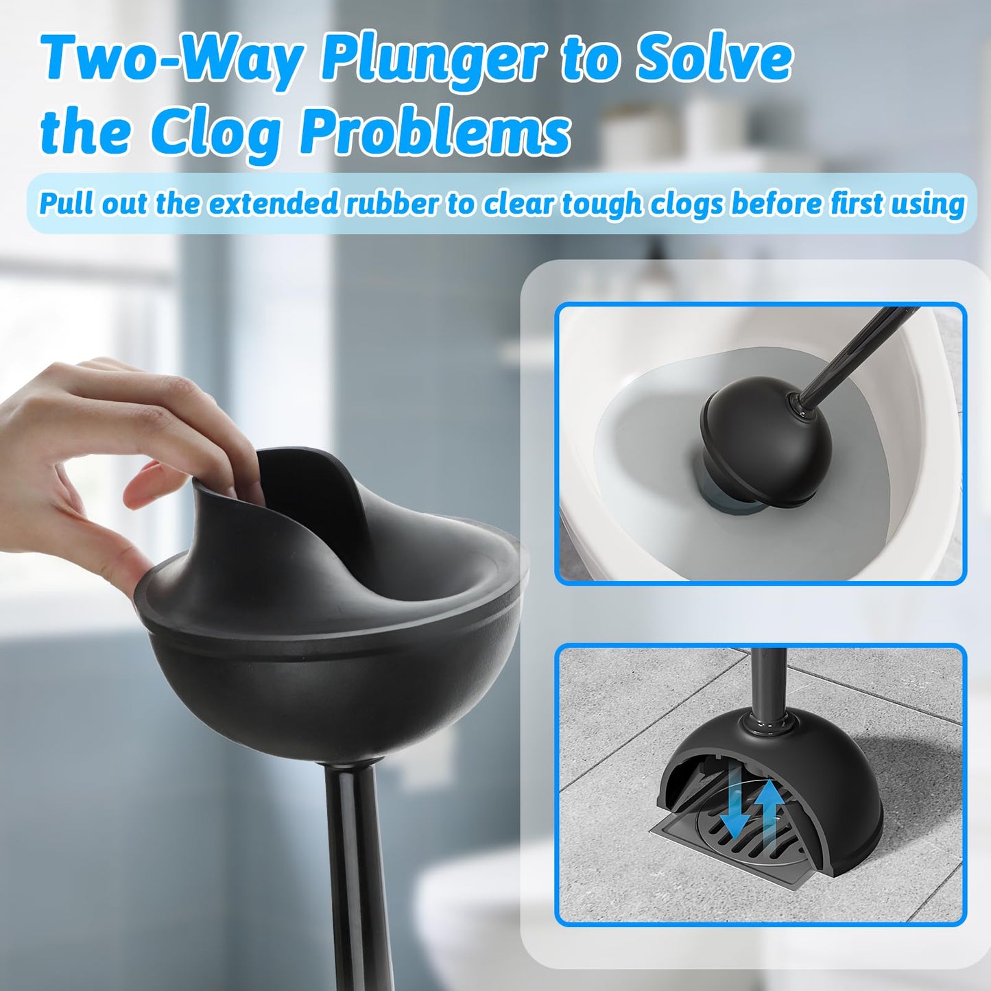 Sellemer Toilet Brush and Plunger Set, Curved Design Head for Deep Cleaning, Heavy Duty Toilet Bowl Brush and Plunger Combo with Holder for Bathroom Cleaning, Black, 2 Pack