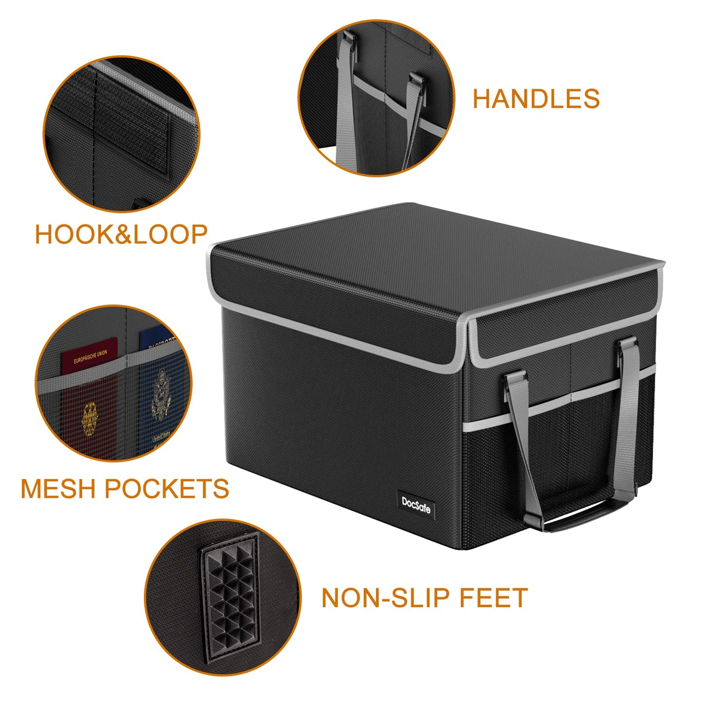 DocSafe File Box Fireproof File Storage Organizer with Lid,Collapsible Document Storage Filing Case for Hanging Letter/Legal Folders,Portable Home Office Safe Cabinet with Handle,Black,2 Pack