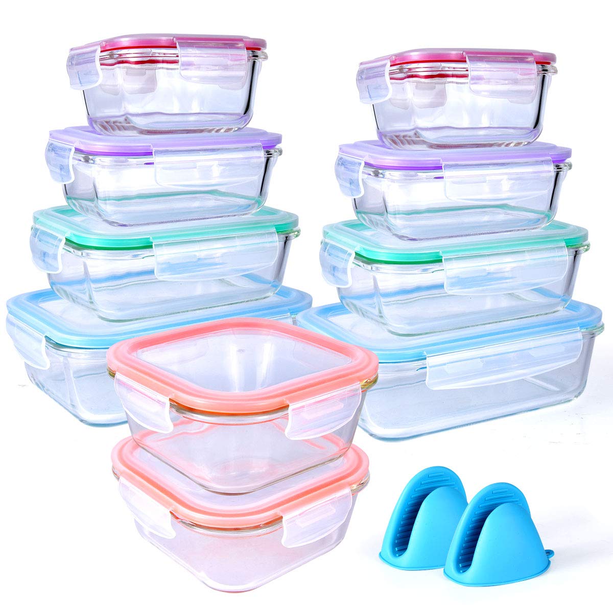 Bo-Toys 20 Pc Glass Food Storage Containers with Snap Lock Lids, Airtight & Leakproof, Bonus 2 Oven Silicone Gloves, Safe for Dishwasher, Oven, Microwave,Freezer, BPA Free