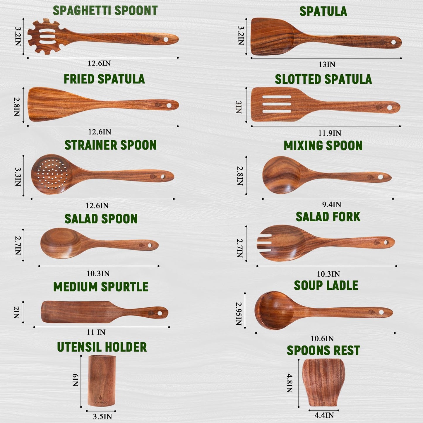 Vorisebo 12 Piece Wooden Spoons for Cooking, Natural Teak Wooden Utensils Set, Handmade Wood Kitchen Utensil Set with Holder and Spoon, Durable Nonstick, Comfort Grip Wood Cookware Tool