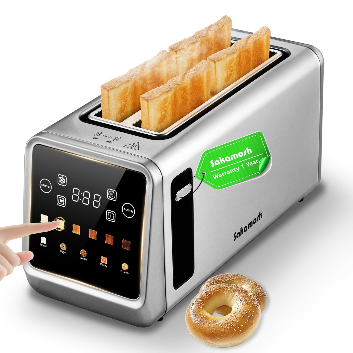 SAKAMOSH Touch Screen Toaster 4 Slice, Smart Digital Toasters with LED Display & Timer, Extra Long Wide Slots for Bagels, 6 Browning Levels & 5 Bread Types, Memory Function, 1400W, Stainless Steel