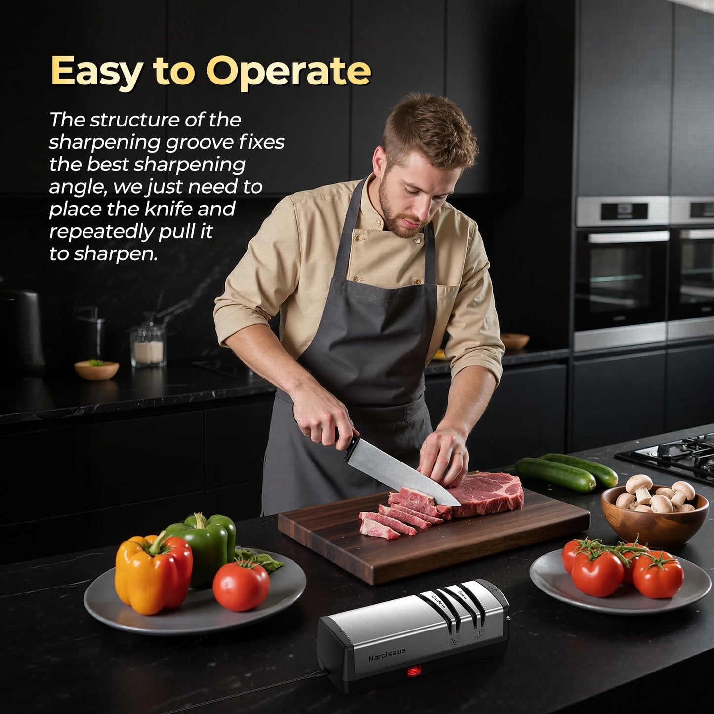 Narcissus Knife Sharpener, Diamond Abrasives Electric Knife Sharpener for Stainless Steel and Ceramic Knives, with Scissors Sharpener & Metal Dust Collection Box, Quick Sharpening & Polishing, Silver