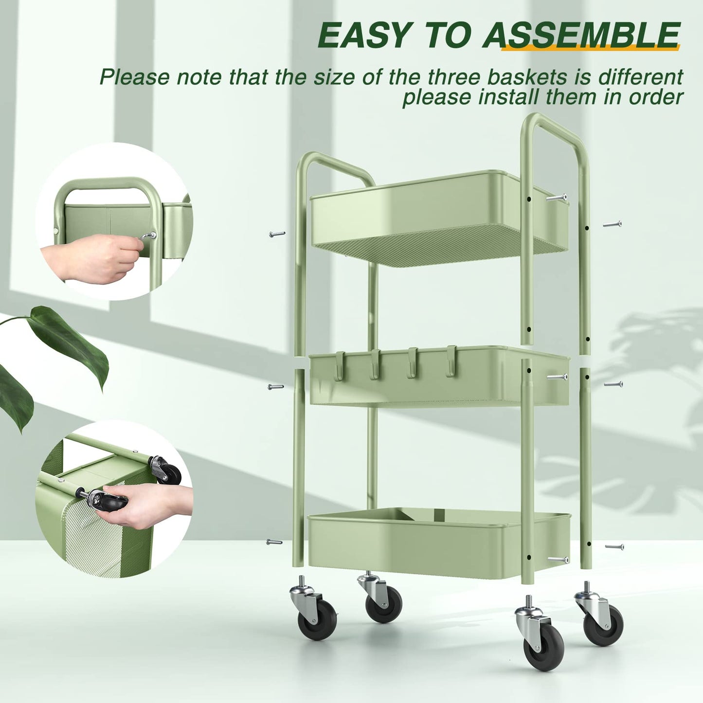 LEHOM 3 Tier Rolling Storage Cart, Metal Trolley Utility Cart with Wheels & Hooks, Easy Assembly Organizer Storage Cart for Bathroom Kitchen Office Bedroom