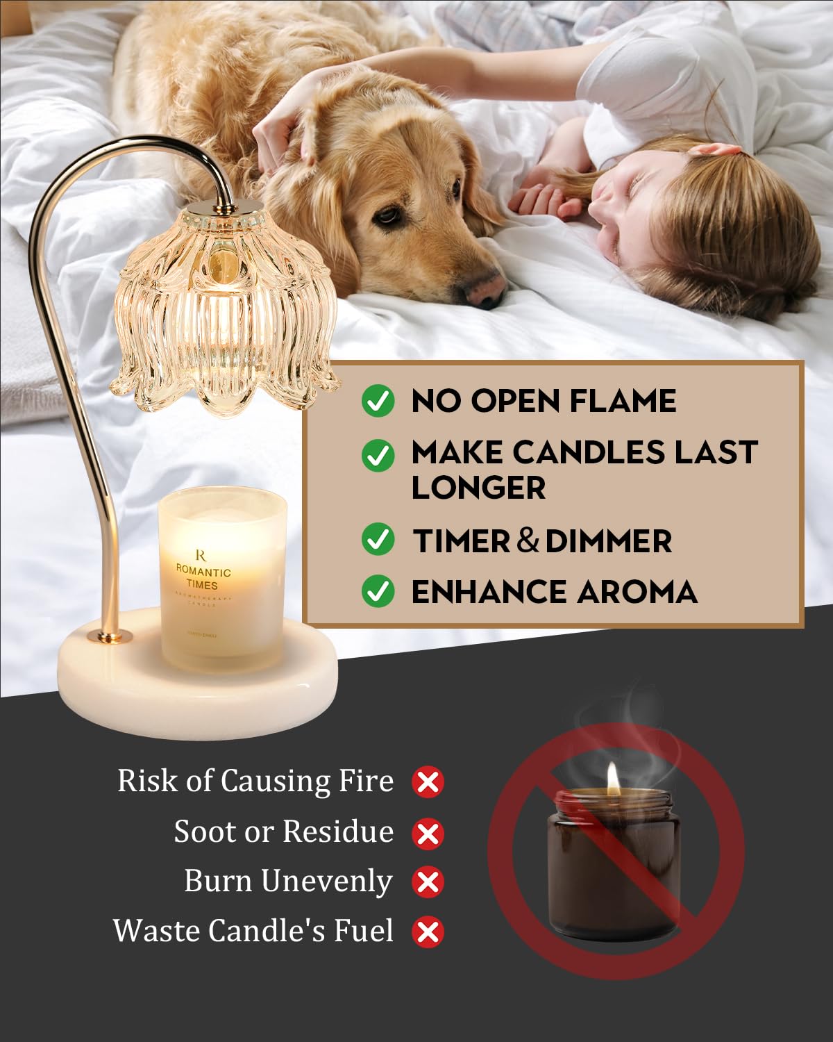 Funistree Candle Warmer Lamp with Timer & Dimmable, Candle Warming Lamp, Mothers Day Birthday Gifts for Women Mom, House Warming Gifts New Home Marble Base Wax Melt Warmer for Jar Candles