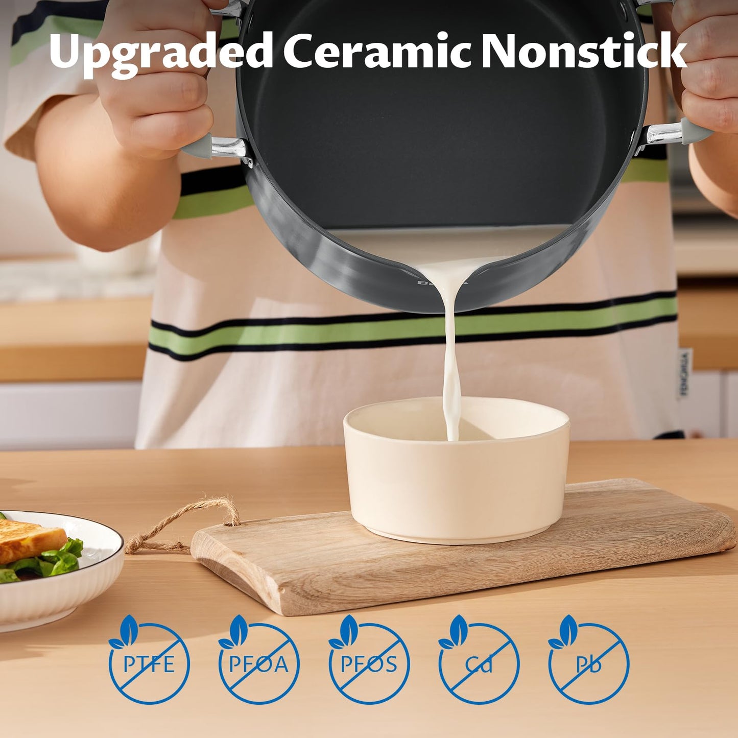 6 Quart Nonstick Stock Pot with Lid, BEZIA PFAS-Free Ceramic Soup Pot, Multipurpose Pasta Pot with Strainer Lid, Induction Cooking Pot, Silicone Handle, Compatible with All Cooktops, Dishwasher Safe