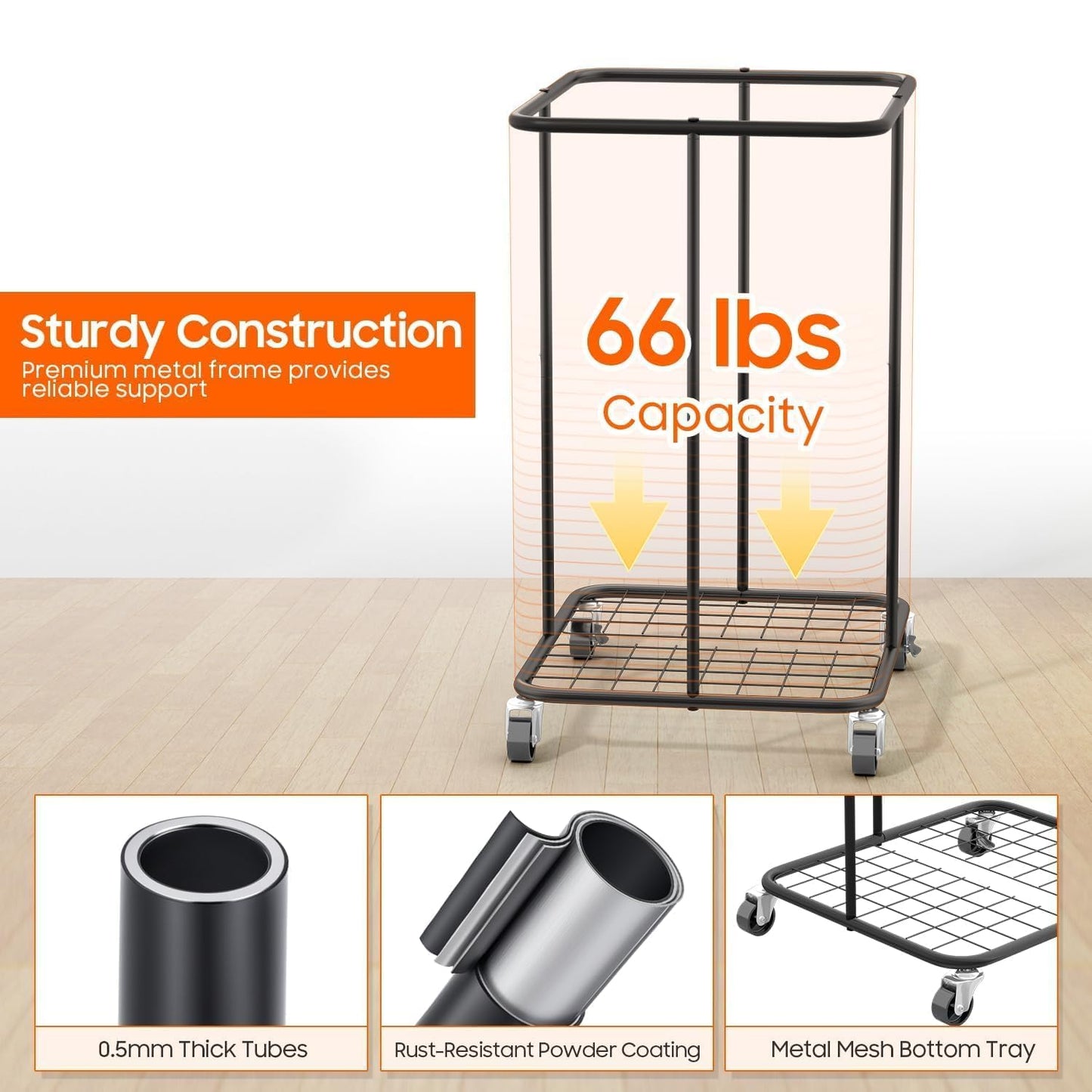 150L Laundry Hamper with Wheels, Rolling Laundry Basket with Metal Frame and Removable Bag, Large & Tall Dirty Clothes Hampers for Bedroom Aesthetic, Laundry Room, Bathroom, Dorm-Black