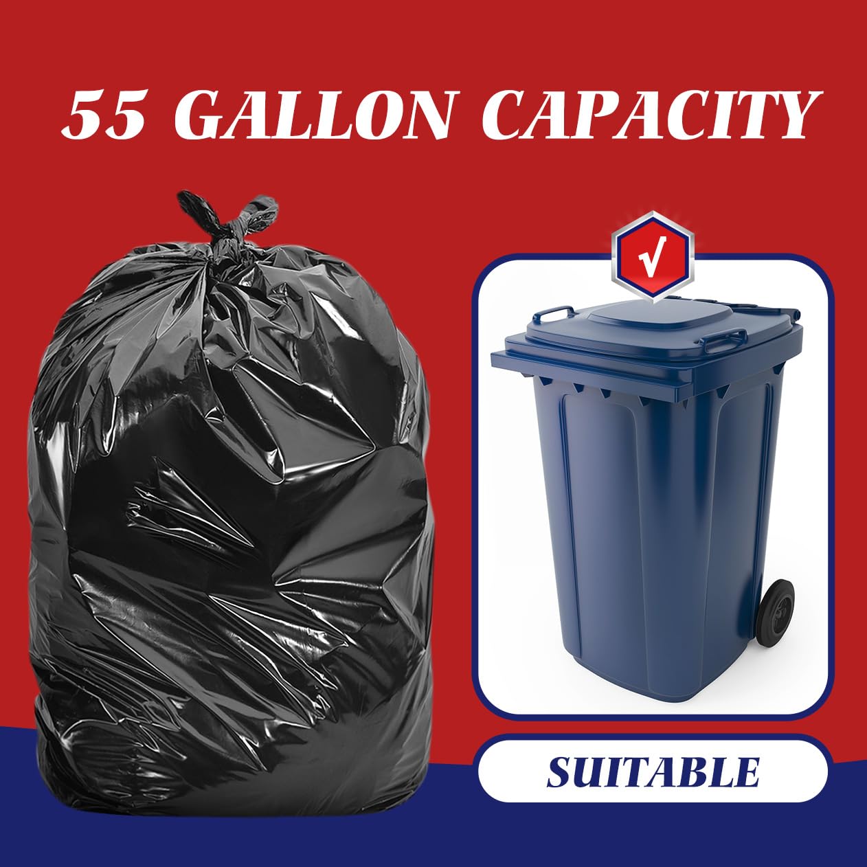 Teivio Trash Bags, 40-45 Gallon, 300 Count, Black, for Bathroom, Office, Industrial, Commercial, Janitorial, Municipal, Recycling