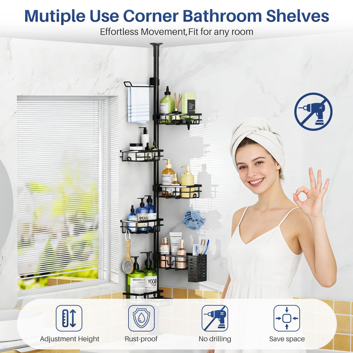 Corner Shower Caddy Organizer Tension Pole, Adjustable 6 Shower Shelves Corner Shelf 30-120Inch Rustproof Shower Rack for Inside Shower, Extra Towel Bar Soap Dish Bathroom Organizers and Storage Black