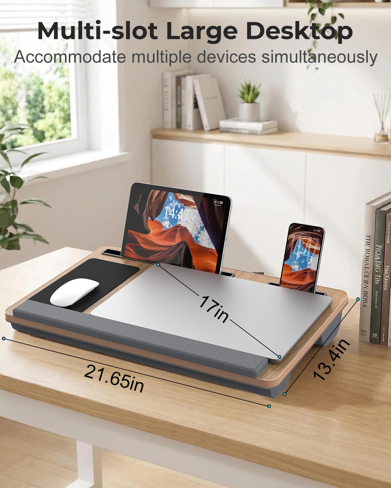 Potuopy Lap Desk - Up to 17” Laptop with Wrist Rest, Portable Handle, 2 Self-Adhesive PVC Mouse Pads, Tablet & Phone Slots, Laptop Stand for Bed with Cushion (Dark Brown Woodgrain)