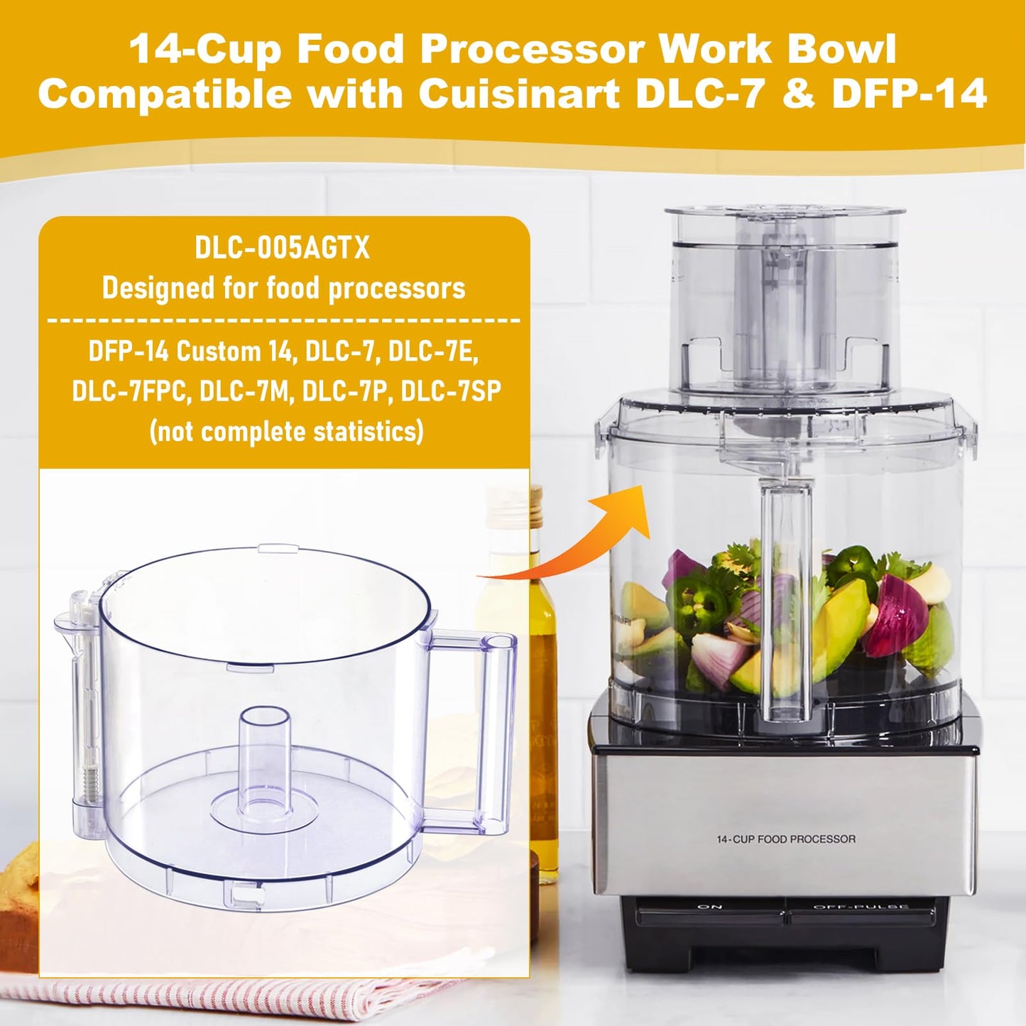 DLC-005AGTXT1 Replacement 14-Cup Food Processor Work Bowl with Gray Handle Compatible With Cuisinart DFP-14, for Cover DFP-14NWBCT1 NOTE: 4 Tabs on Top Rim of Workbowl