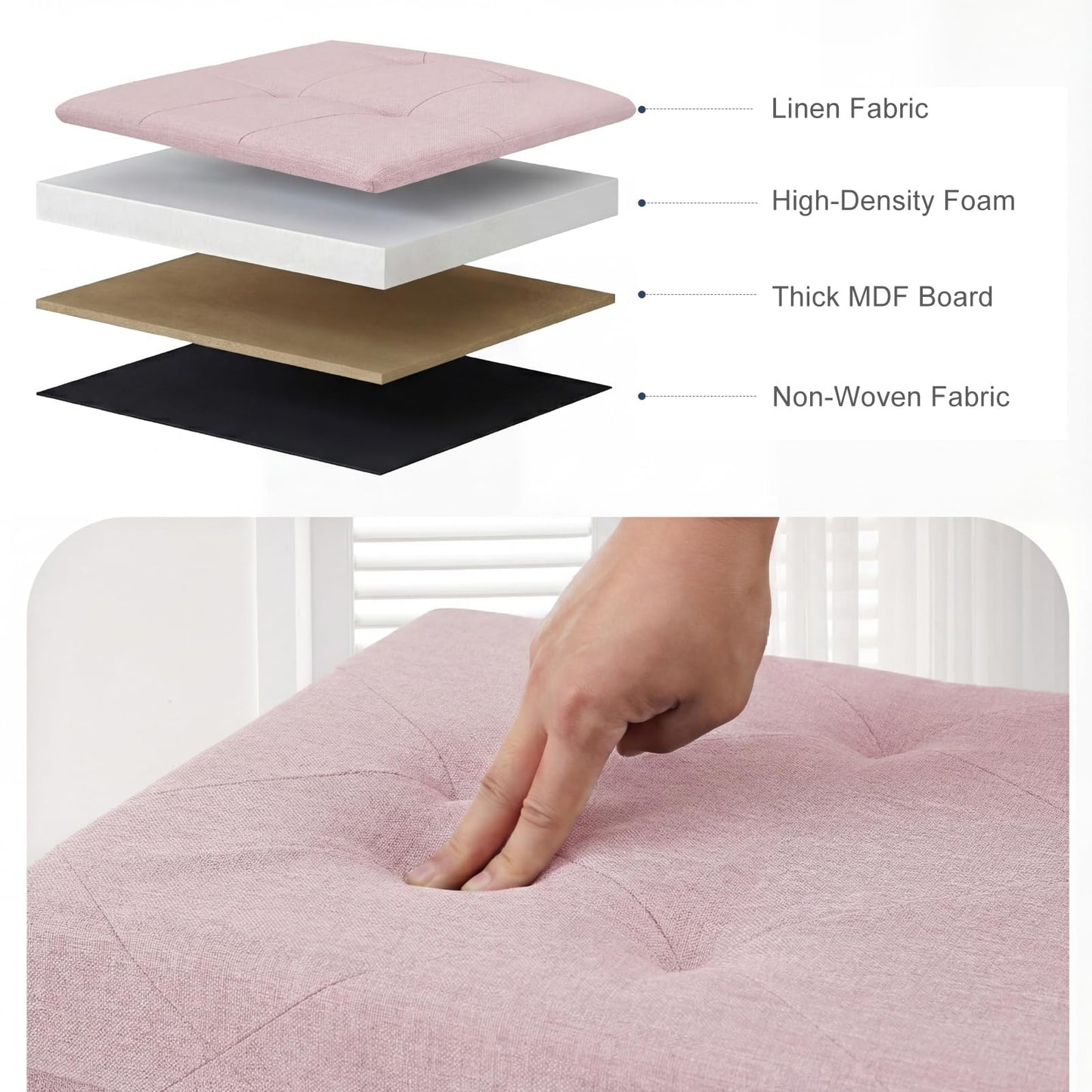DUMOS 43in Foldable Storage Ottoman Bench, Storage Chest, Large End of Bed Foot Rest Stool with Padded Seat, Bedroom Bench for Living Room, Support 660lbs, Pink