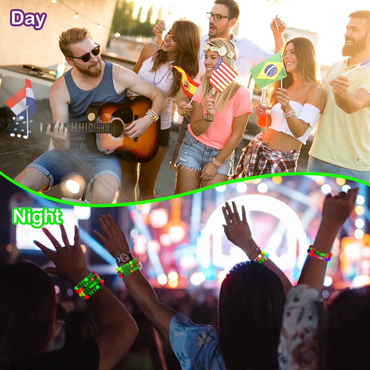 Equsion 48 Pcs Music Party Supply Rave Kandi Bracelets Glow in the Dark Wear and Trade Handmade Party Rave Bracelets Alphabet Plus Music Festival Accessories Every Time for Women Men(Vibrant)