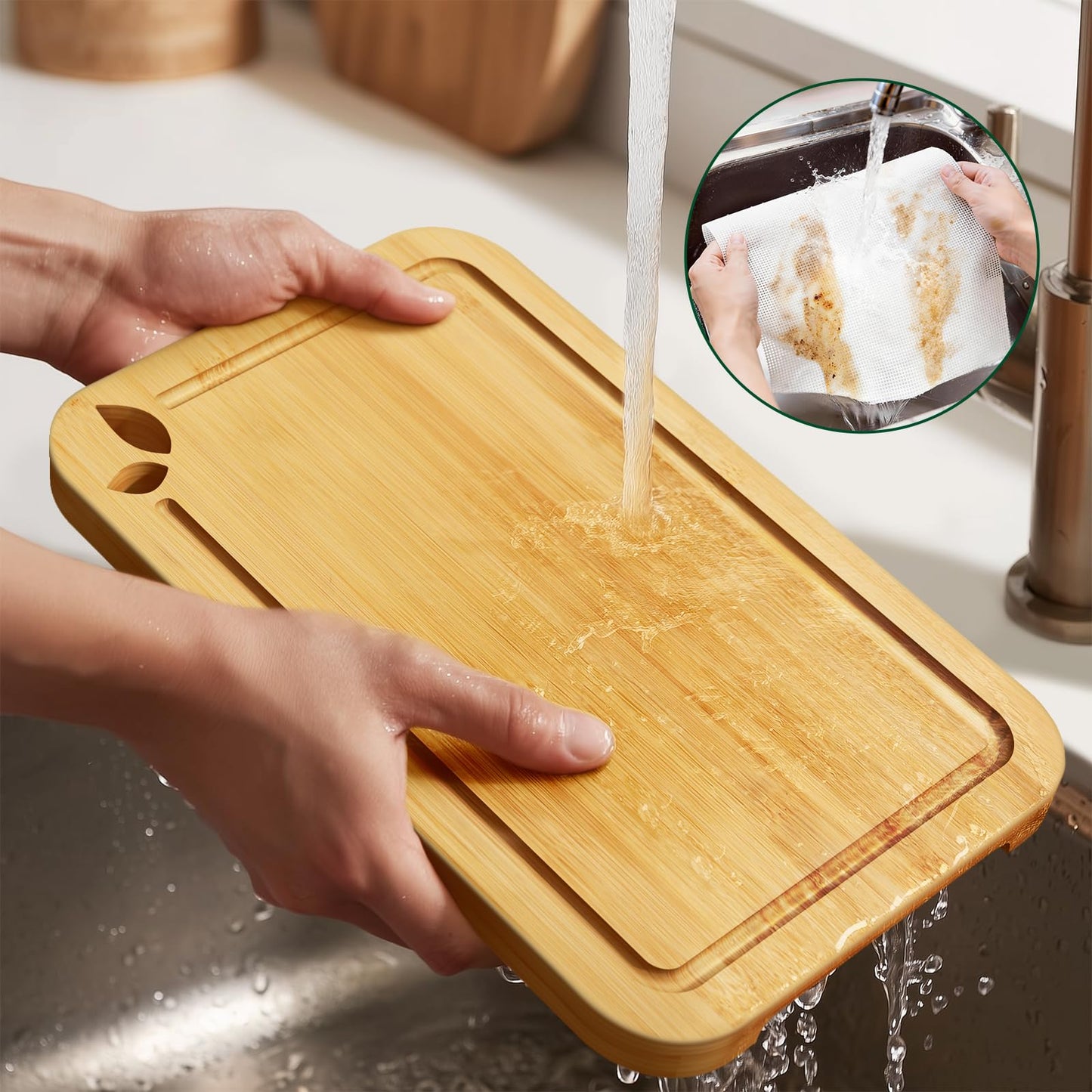 Toolola Bamboo Cutting Boards for Kitchen with Holder & Silicone Mat, Lightweight & Knife-Friendly Wood Cutting Board Set with Side Handles and Juice Grooves, Natural