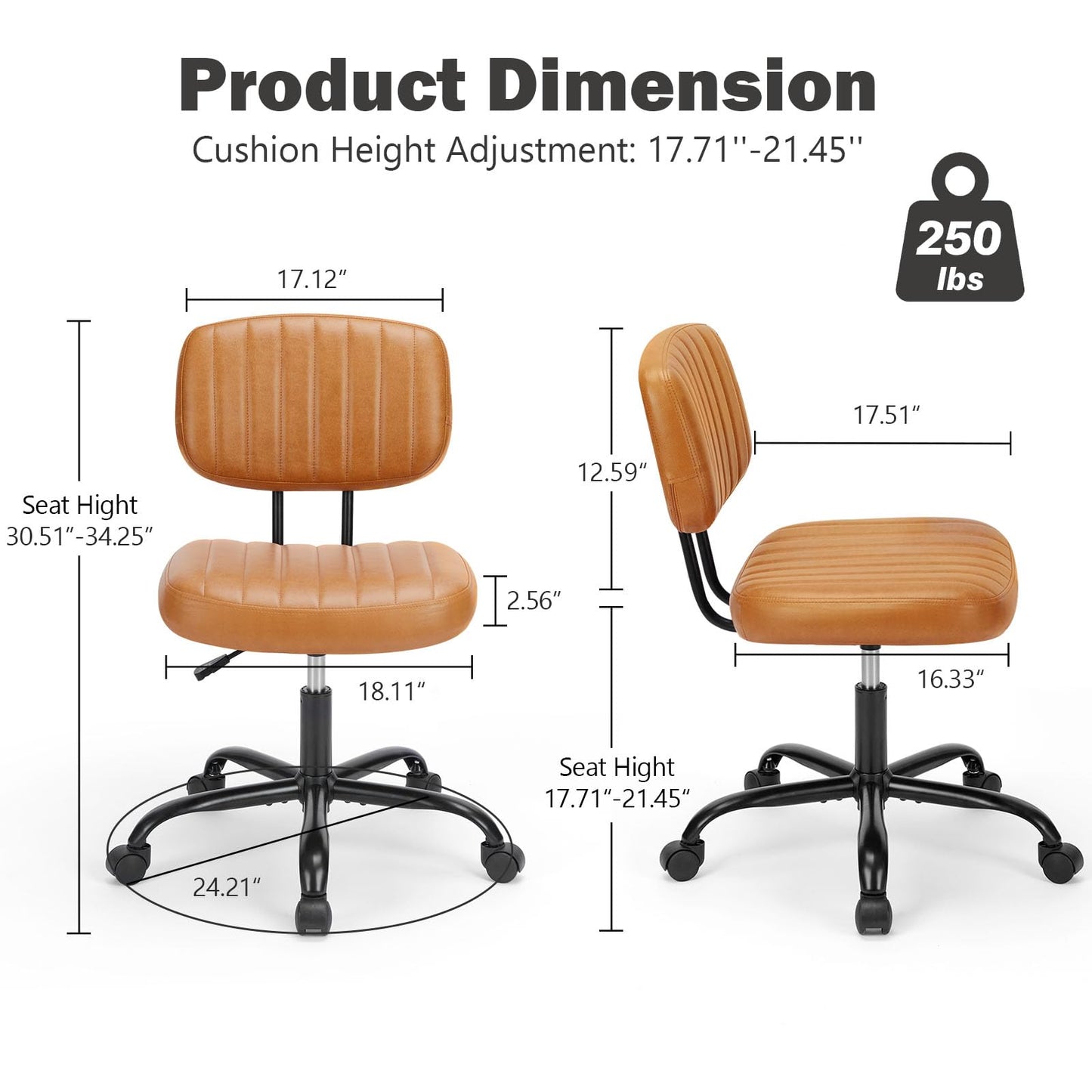 DUMOS Armless Home Office Executive Chair - Small Desk Chair with Low Back Lumbar Support, Height Adjustable PU Leather Computer Task Chair with 360° Swivel Wheels, for Adults, Brown