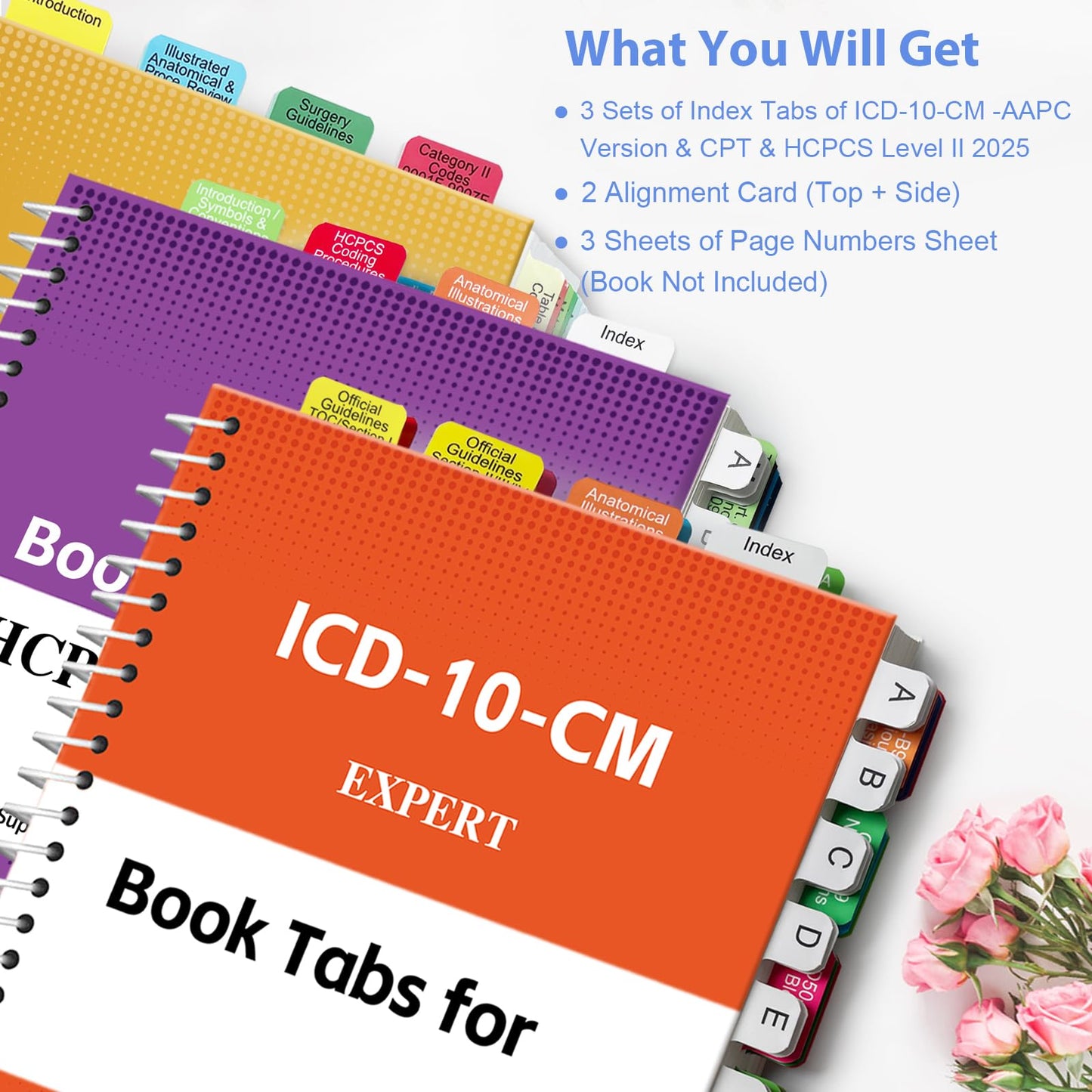 Index Tabs for CPT, AAPC Version ICD-10-CM & HCPCS Level II 2025, 3 Set Bundle, Complete Book Tabs Set (Book not Included), Color-Coded with Code Ranges, Laminated & Waterproof & Repositionable