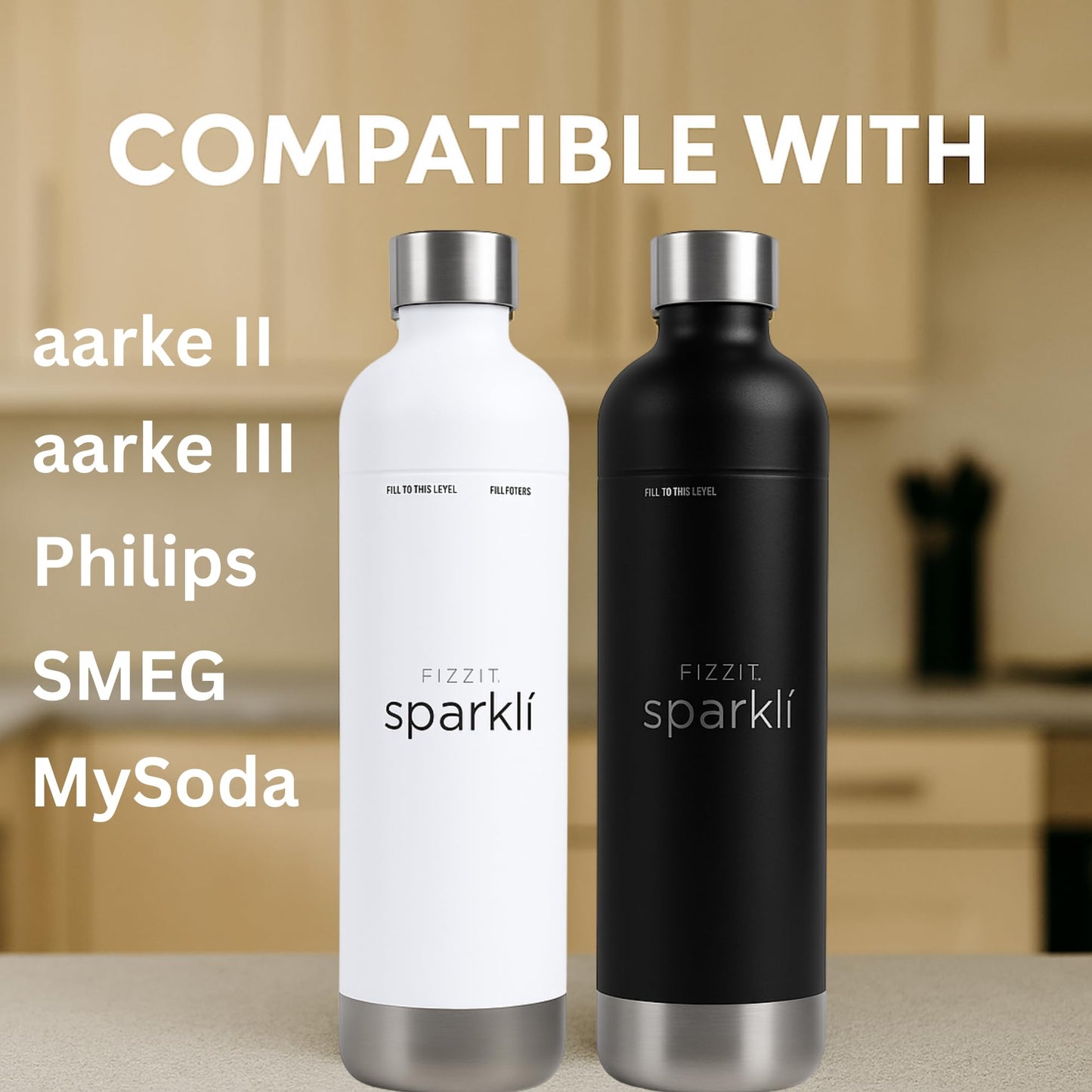 FIZZIT Spärkli 1L Stainless Steel Carbonating Bottle | Compatible with Aarke II & III, Philips GoZero & Monten Soda Makers | Reusable Sparkling Water Bottle, Dishwasher Safe, BPA-Free-Eco-Friendly