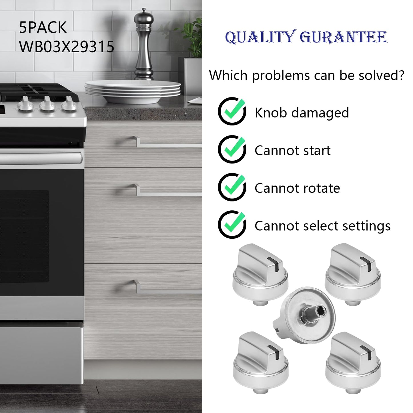 WB03X29315 Knob Compatible with ge Stove Knobs Replacements,Fit Models JGP5030SLSS JGP5036SLSS JGP5030SL1SS JGP5036SL1SS, Cooktop Knobs Replacements Gas Range Oven Surface Burner Control Knob 5Pcs