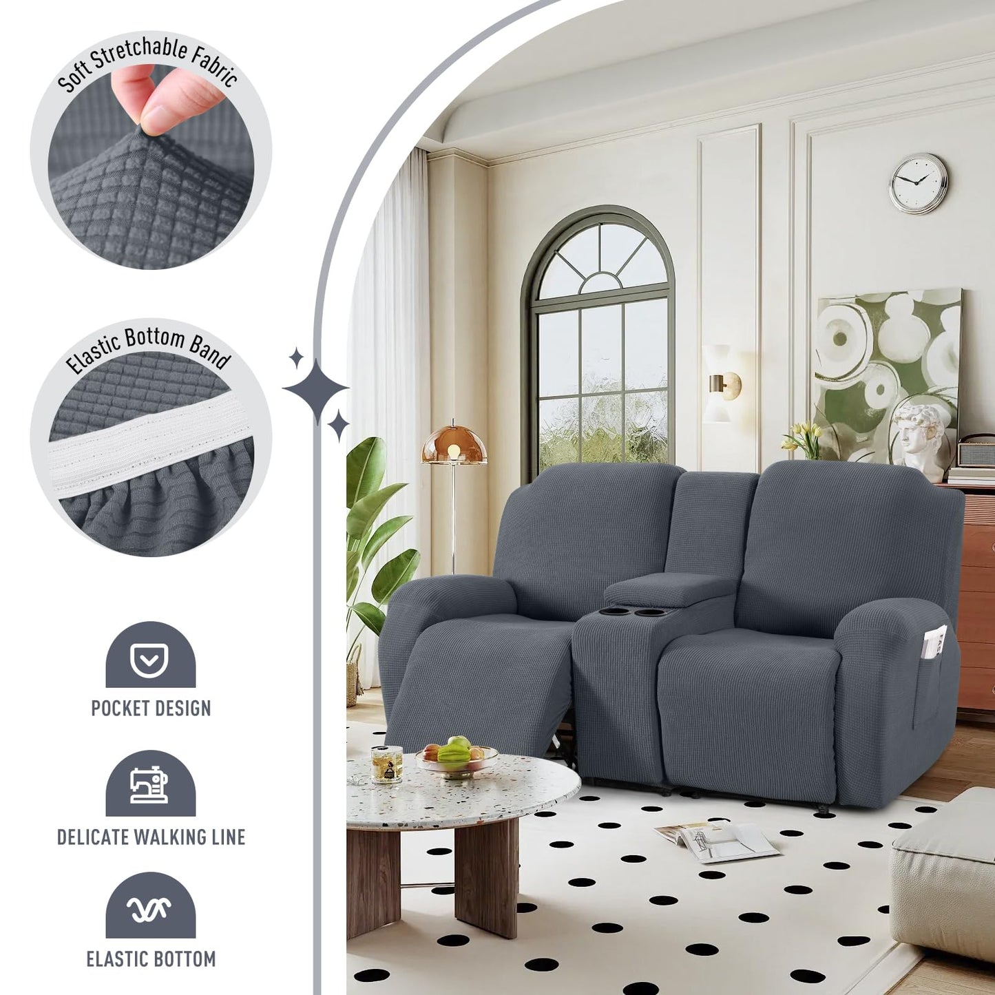 TAOCOCO Loveseat Recliner Cover with Middle Console, Stretch Loveseat Cover for 2 Seat Recliner Couch, Jacquard Reclining Sofa Covers Loveseat Slipcover Furniture Protector, Grey