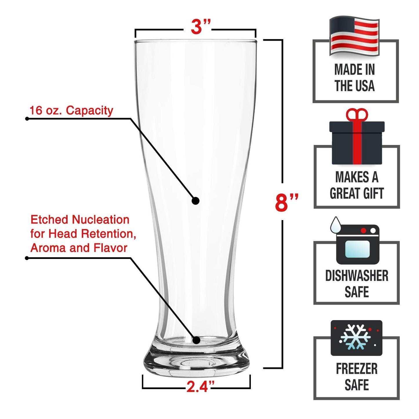 DU VINO USA Made Nucleated Pilsner Glasses- Etched Beer Glass for Better Head Retention, Aroma and Flavor - 16 oz Craft Beer Glasses for Beer Drinking Bliss - 4 Pack