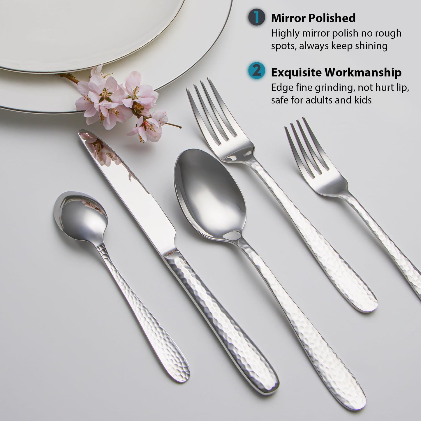 Hammered Silverware Set, EIUBUIE 40-Piece Stainless Steel Flatware Set for 8, Mirror Finish Tableware Kitchen Cutlery Sets, Durable Home Eating Utensils Sets Includes Fork Spoon Knife, Dishwasher Safe