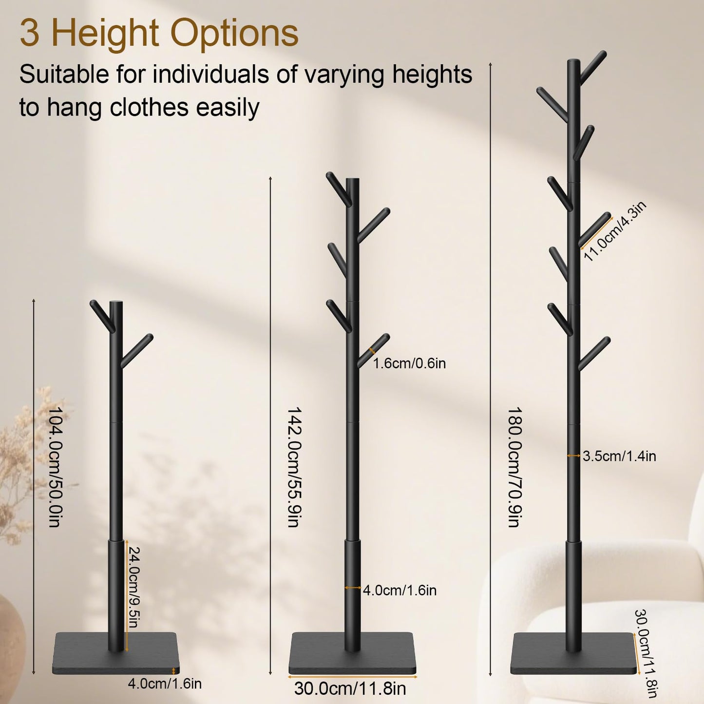 YheenLf Coat Rack Freestanding with Stable Square Base for Cloathes, Hat, Used in Bedroom, Office and Entryway, Sturdy and Easy Assembly Coat Tree with 3 Adjustable Sizes and 8 Hooks, Black