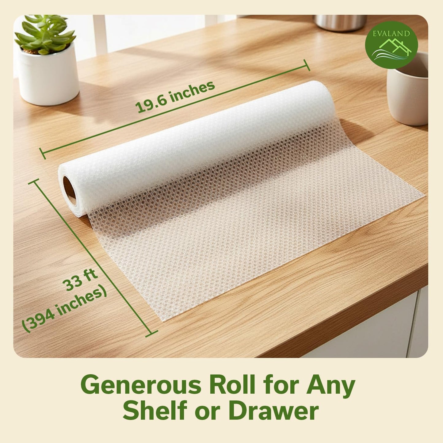 EVALAND Shelf Liners for Kitchen Cabinets Non-Adhesive 19.6" x 33 FT Clear Drawer Liner Non Slip, Washable Cabinet Liner, Waterproof Shelf Liners for Cabinets, Refrigerator Bathroom Pantry - Thickened