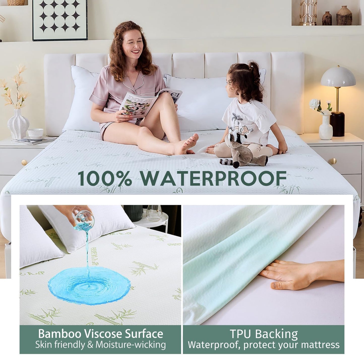 MUXHOMO 2 Pack Queen Mattress Protector, 100% Waterproof Mattress Cover Queen Size Bed, Cooling and Breathable Bed Pad Cover, Deep Pocket 8"-21"
