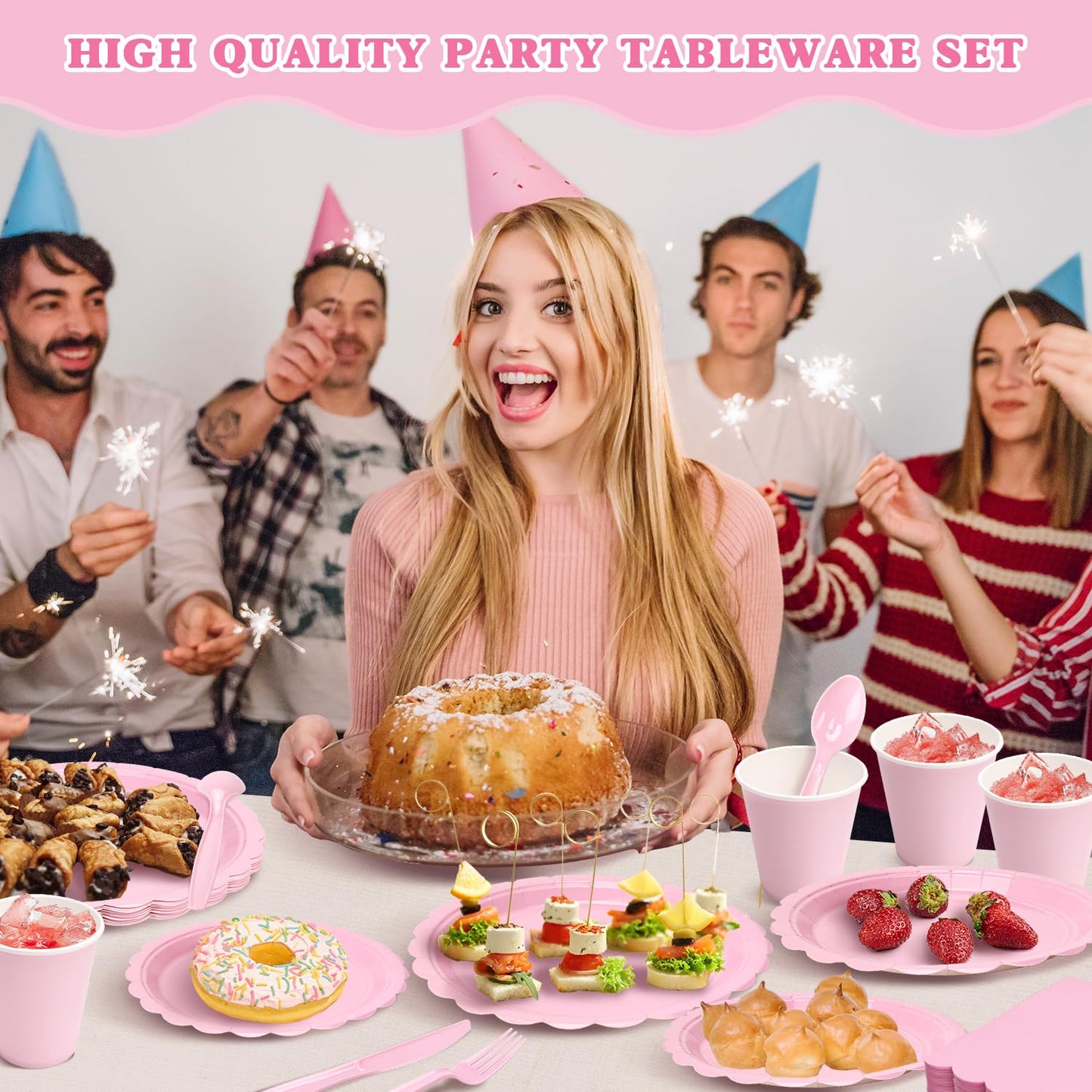 Vyntra 350 Pcs Pink Paper Plates and Napkins Set for 50, 9" Dinner Plates & 7" Dessert Plates, Tableware for Birthday Party, Mother's Day