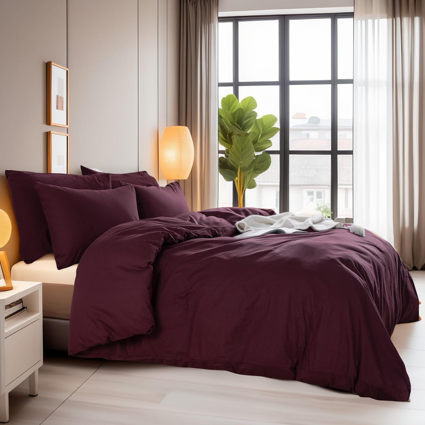 NEXHOME PRO Duvet Cover Set Queen Size Linen Look Textured 100% Washed Cotton Duvet Cover Burgundy Dark Red 3 Pieces Bedding Set with Zipper Closure,Breathable, Soft Organic Natural(No Comforter)