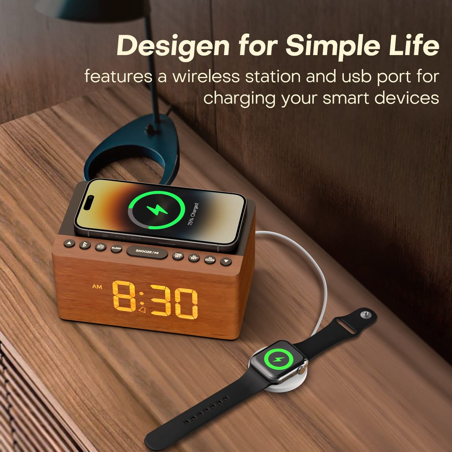 ANJANK Wooden Bluetooth Speaker, Alarm Clock with FM Radio, Qi Certified Fast Wireless Charging Station for iPhone/Samsung, USB Charger Port, Dimmable Display, Digital Wood Clock for Bedroom, Bedside
