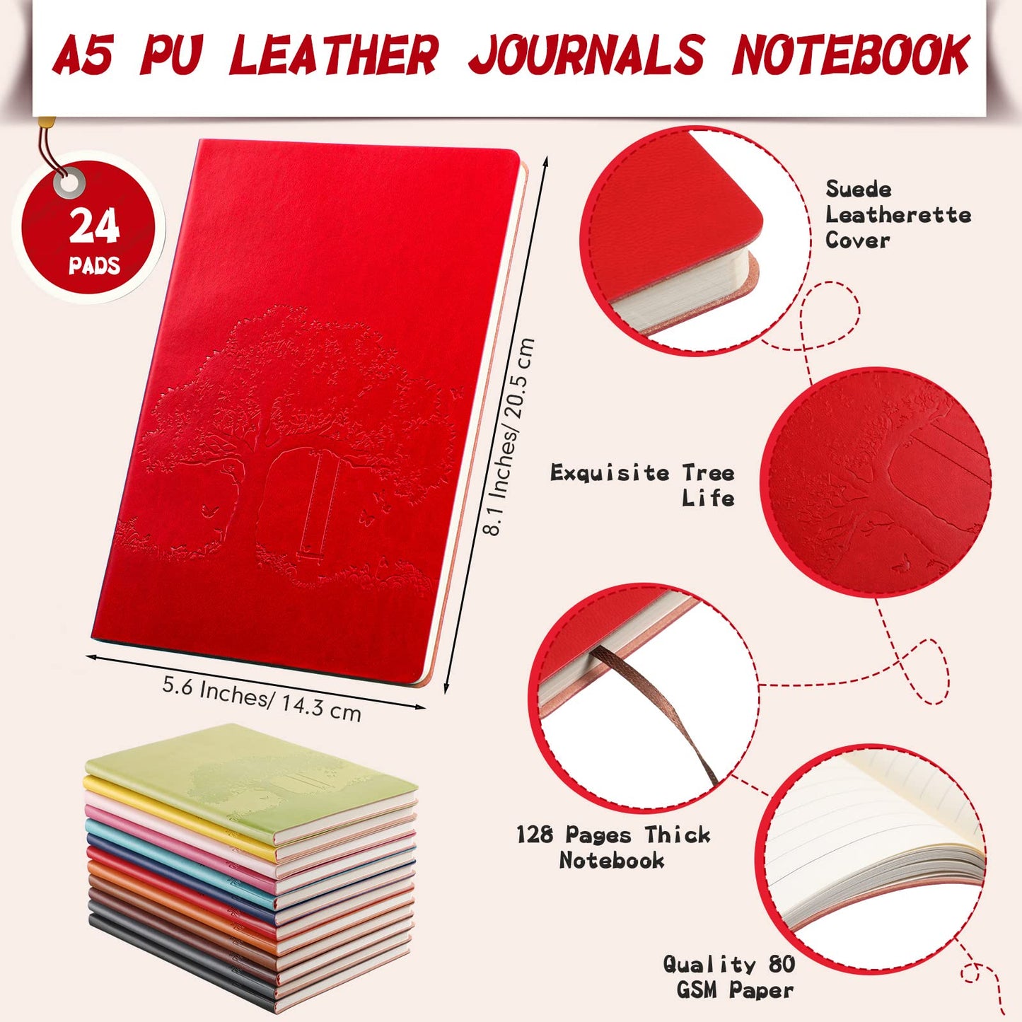 TaoBary 24 Pcs A5 PU Leather Journals Bulk Colorful Tree Journal Notebook Soft Leather Cover Lined Ruled Writing Notebook for Administrative Professionals Nurse Teacher Volunteer (Bright Colors)
