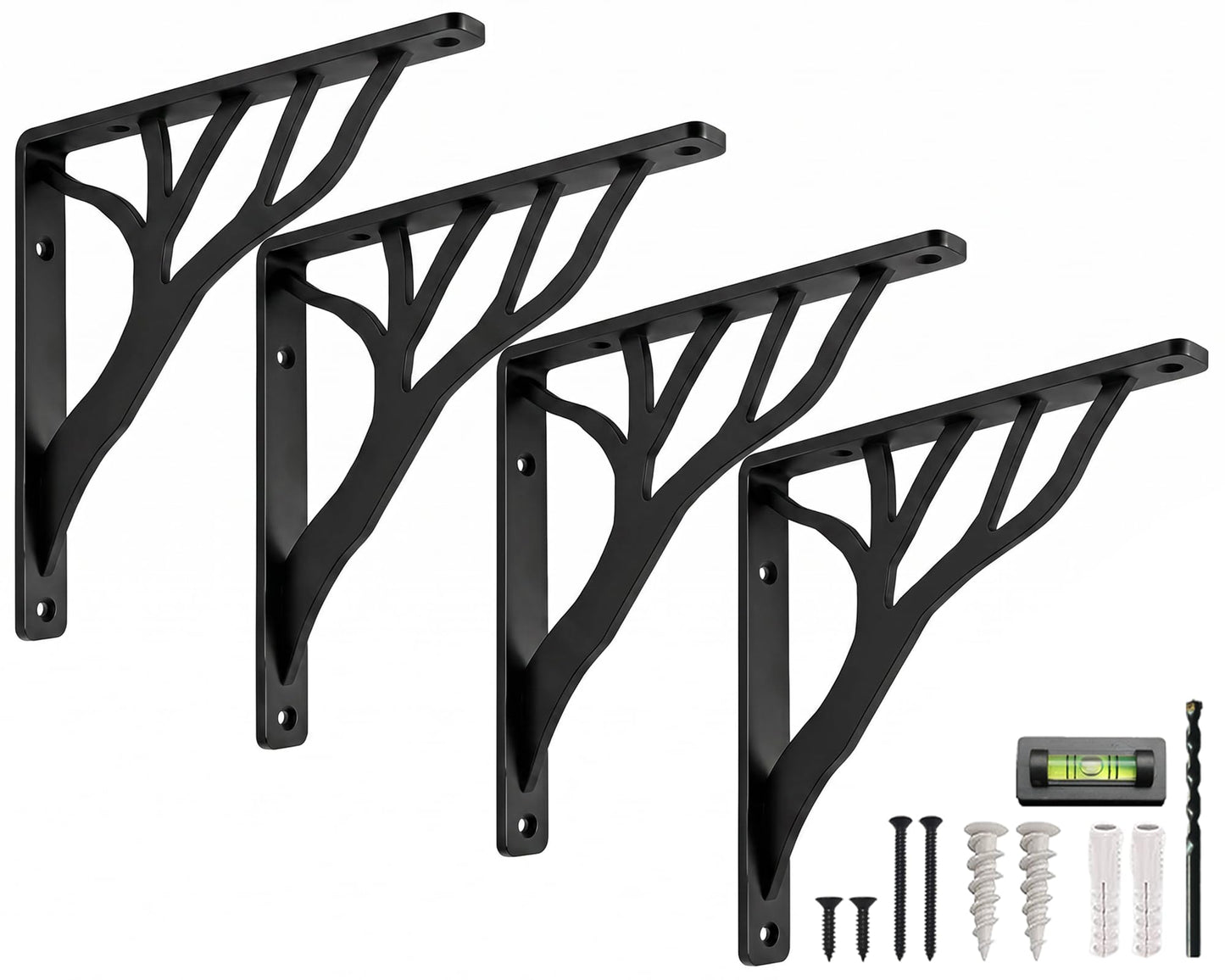 Rustic Tree Black Heavy Duty Shelf Brackets 6 inch by Balin Designs, Decorative L Brackets, Iron Metal Floating Shelf Bracket, Wall Mount Shelving Bracket, Included Hardware, Set of 4