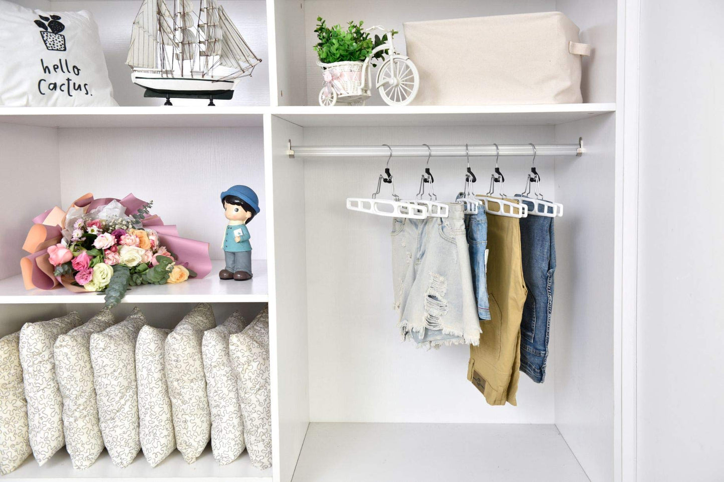 Quality Hangers 10 Pack Premium Skirt Hangers - Thin Space Saving Pant Hangers Set with Clamp, Shorts Hangers with Heavy Duty Locking Clasp, Multipurpose Jean Hangers Set - White