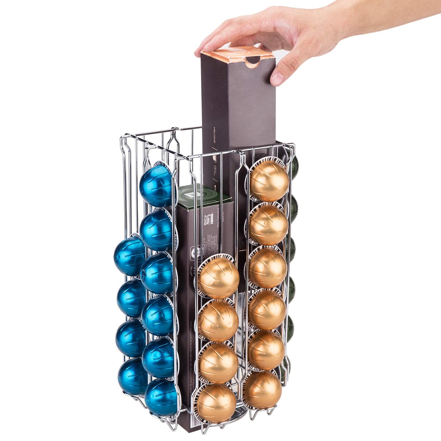 MyGift 48 Pod Stainless Steel Silver Metal Coffee Pod Holder Storage Organizer Stand with 360 Degree Rotating Carousel with Sleeve Storage Compartment, Compatible with Nespresso Vertuo Capsule