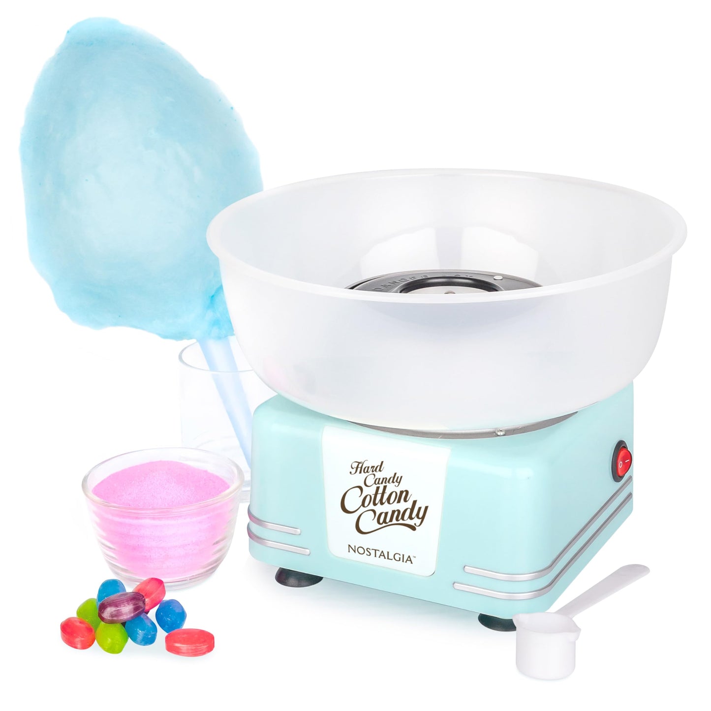 Nostalgia Countertop Cotton Candy Machine – Use Normal or Sugar-Free Candy or Flossing Sugar – Includes 2 Reusable Cones and Measuring Scoop – Aqua