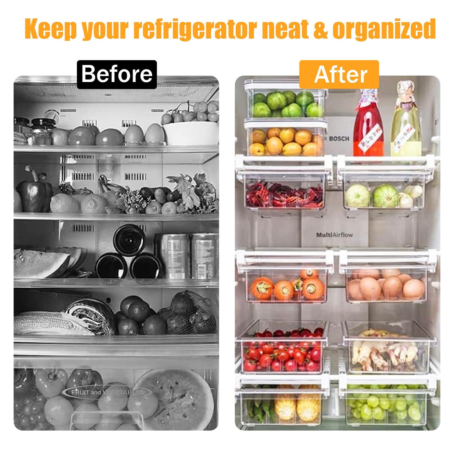 URALFA 2 Pack Fridge Drawer Organizer Egg Holder For Refrigerator Pull Out, Refrigerator Drawers for Fruit and Vegetable, Transparent Organization and Storage Box Fit for Fridge Shelf
