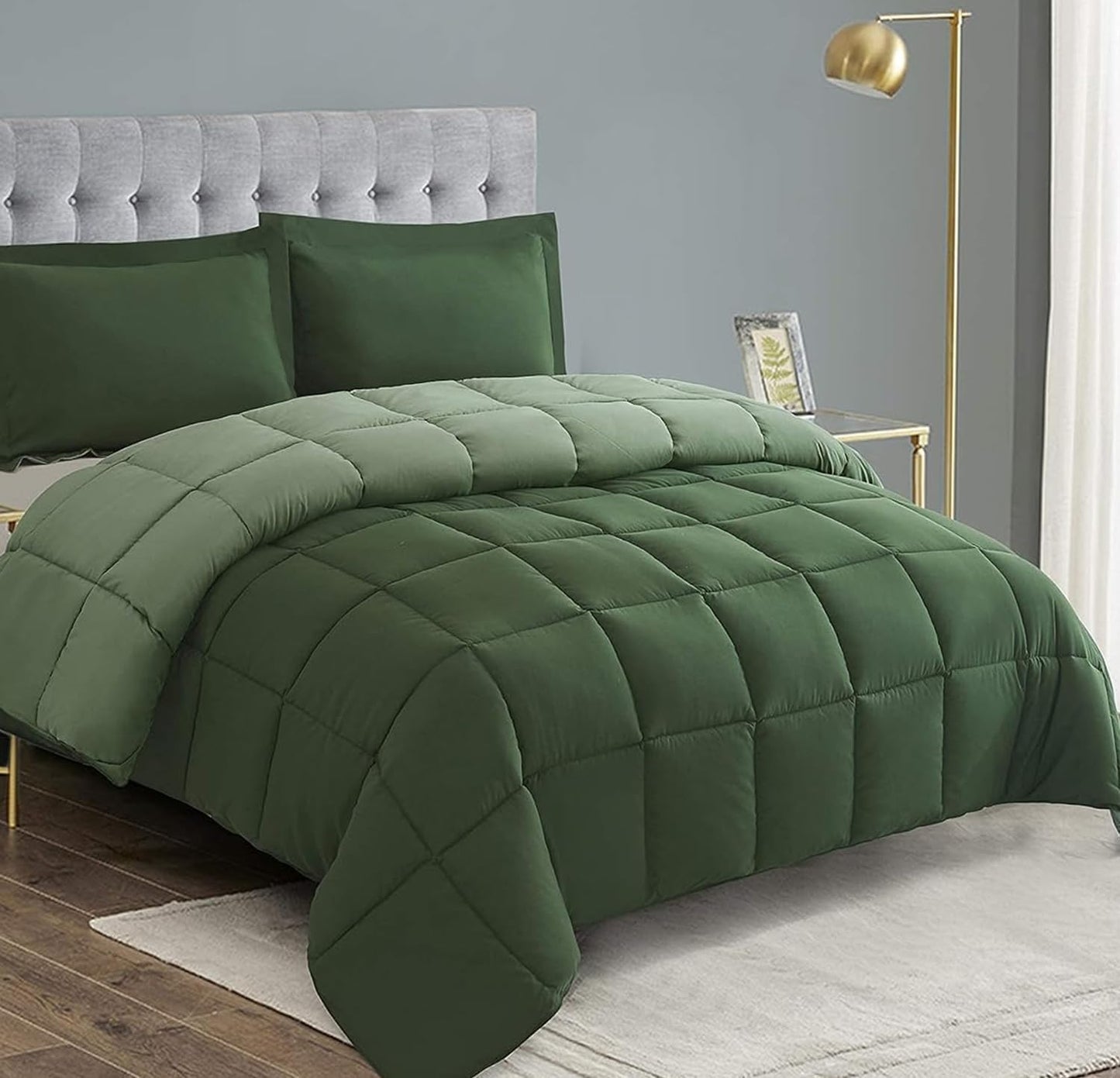 HIG 3pc Green King Size Comforter Set -All Season Reversible Down Alternative Comforter Bedding Comforter -Quilted Duvet Insert with Corner Tabs - Box Stitched Blanket - Breathable, Soft, Fluffy